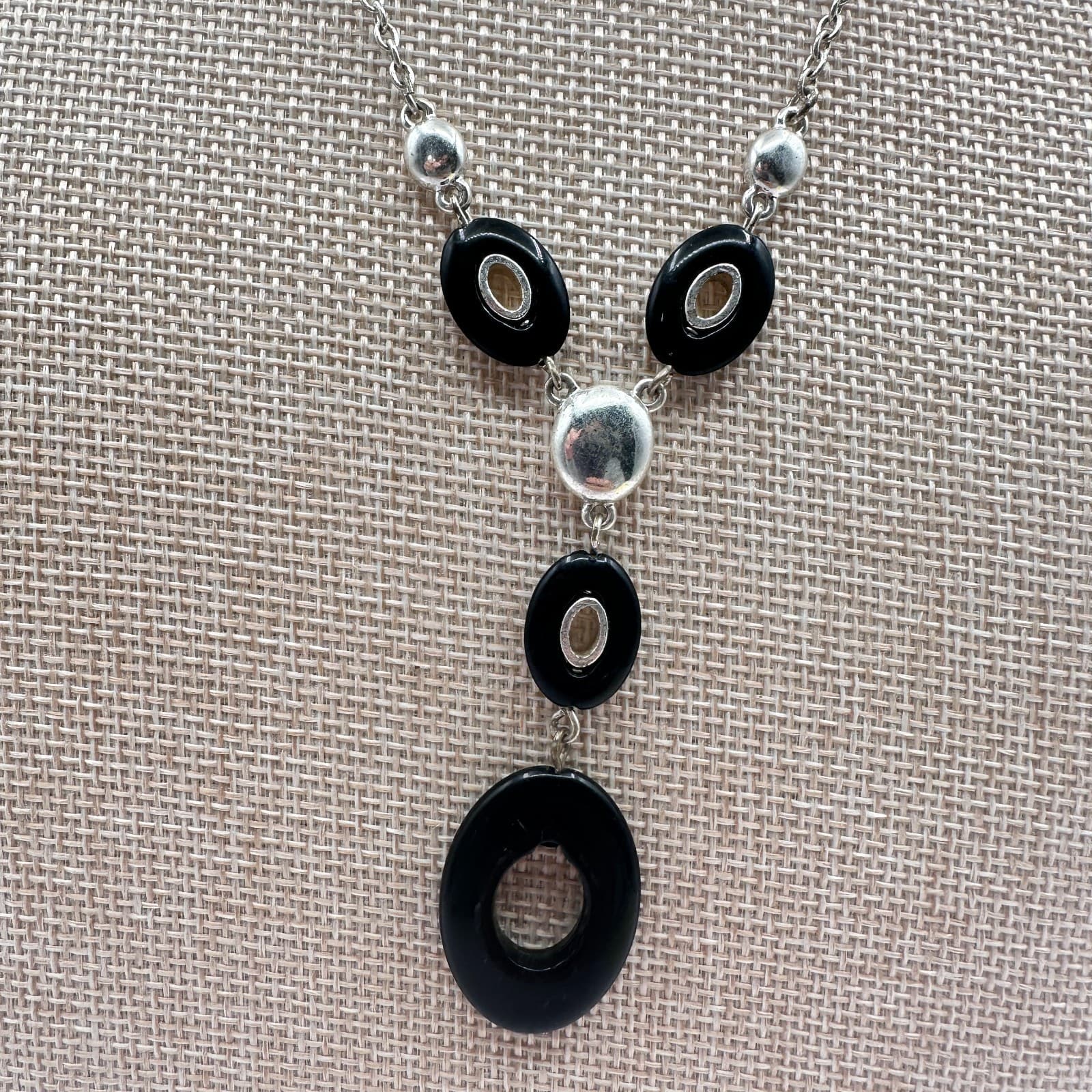 Vintage 80s Silver Tone Black White Enamel Round Pendant Statement Retro Jewelry - Thumbnail 3