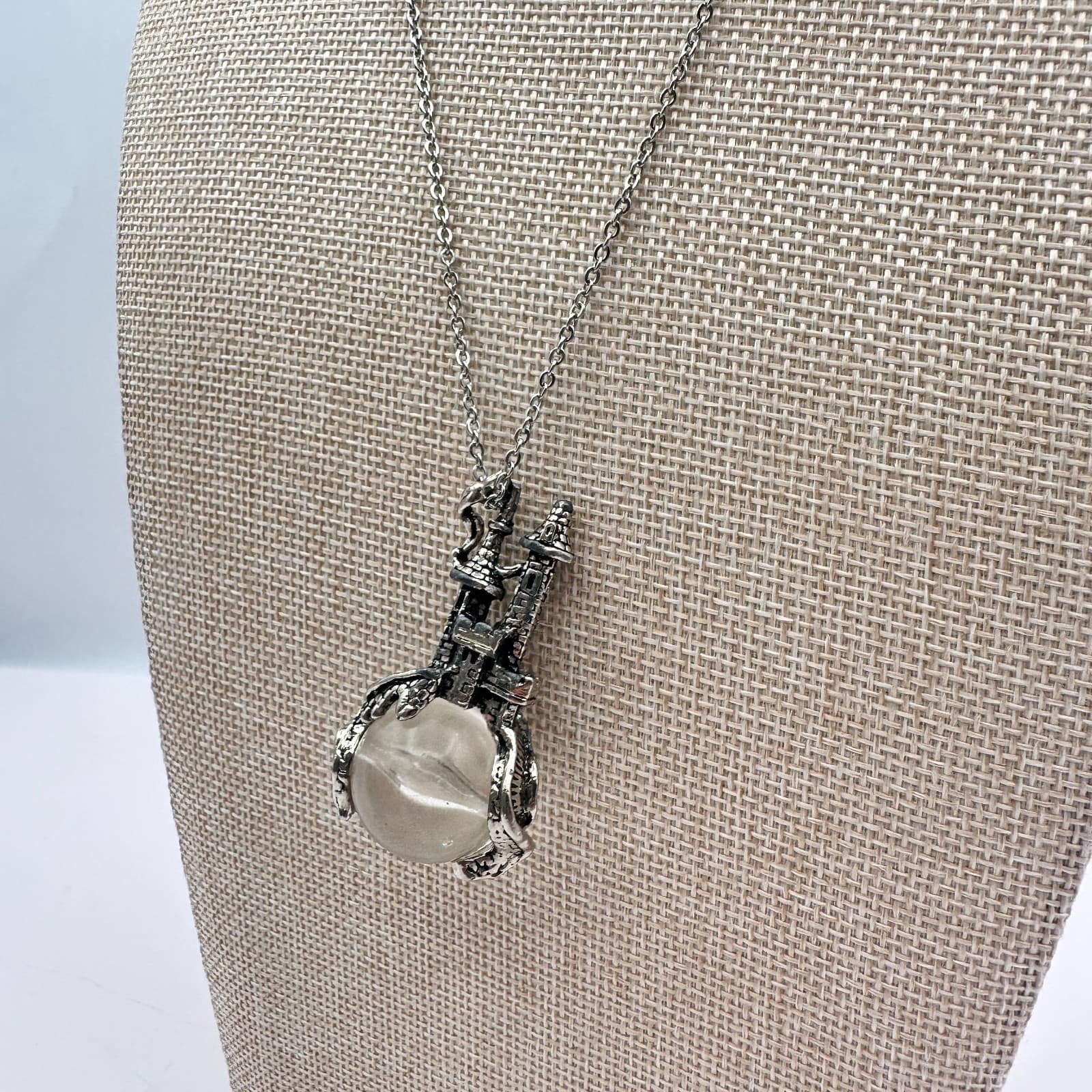 Vintage 80s Silver Tone Fantasy Castle Crystal Ball Orb Pendant Wizard Jewelry - Thumbnail 5