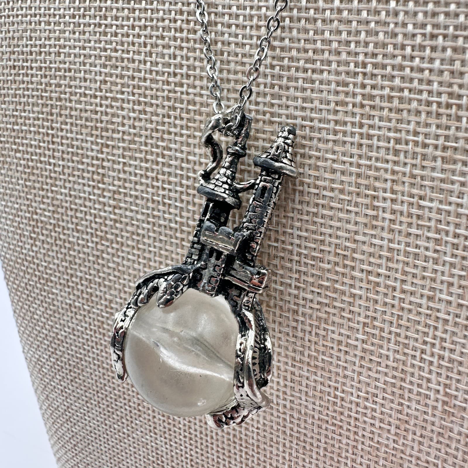 Vintage 80s Silver Tone Fantasy Castle Crystal Ball Orb Pendant Wizard Jewelry - Thumbnail 7