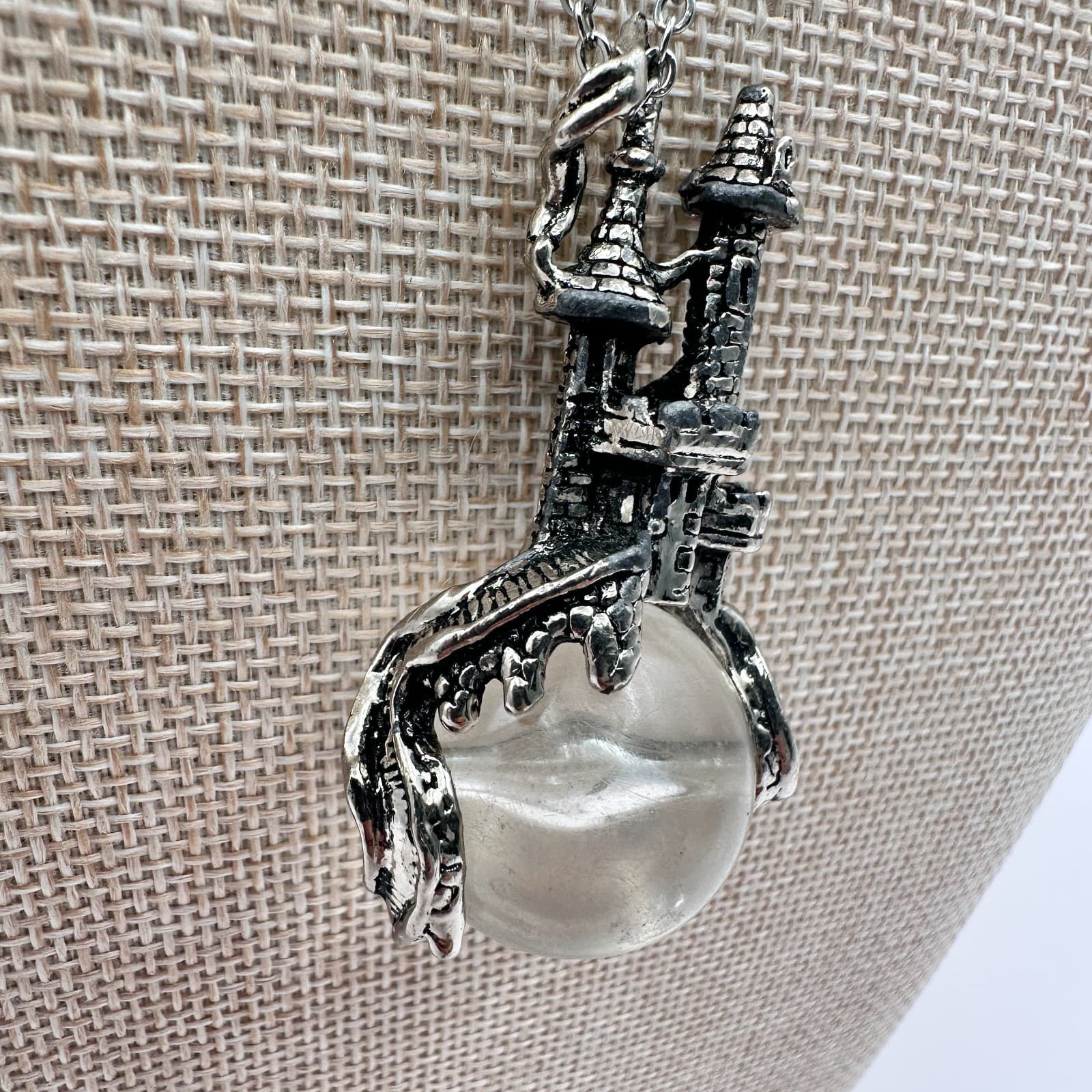 Vintage 80s Silver Tone Fantasy Castle Crystal Ball Orb Pendant Wizard Jewelry - Thumbnail 8