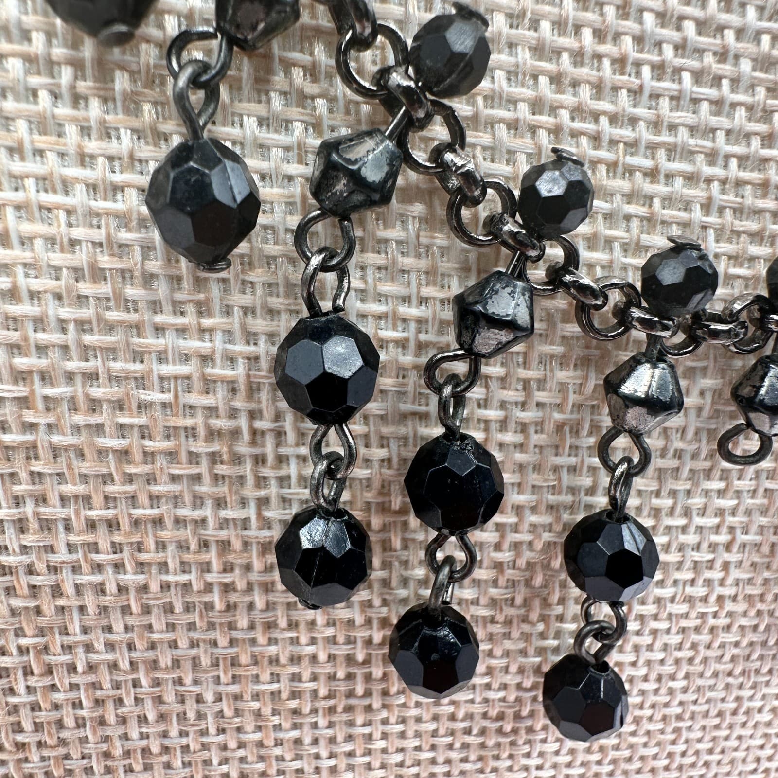 Vintage 90s Black Face Glass Bead Bib Statement Necklace Gunmetal Toned Jewelry - Thumbnail 4