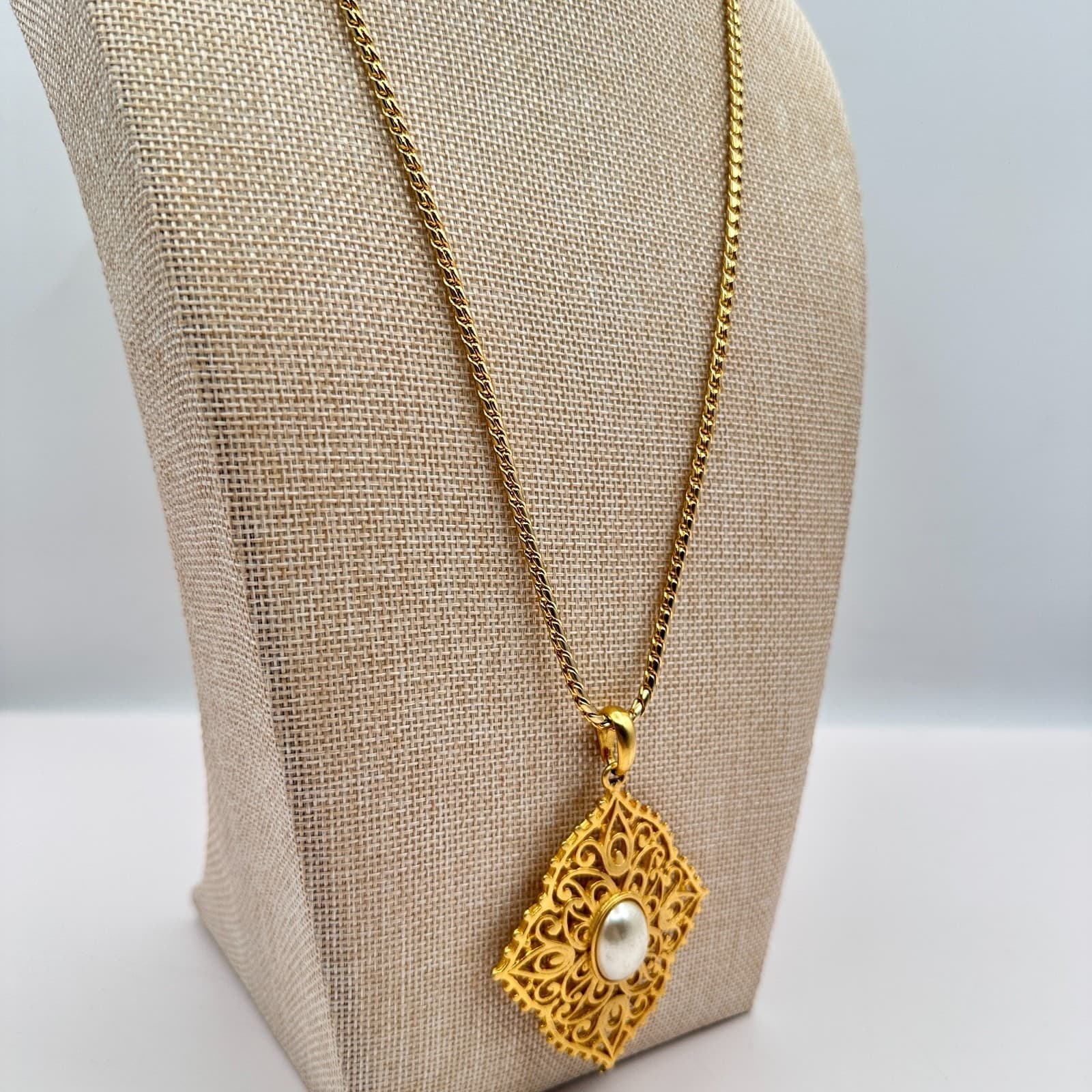 Vintage 70s Biagi Gold Tone Filigree White Pearl Statement Pendant Necklace - Thumbnail 6