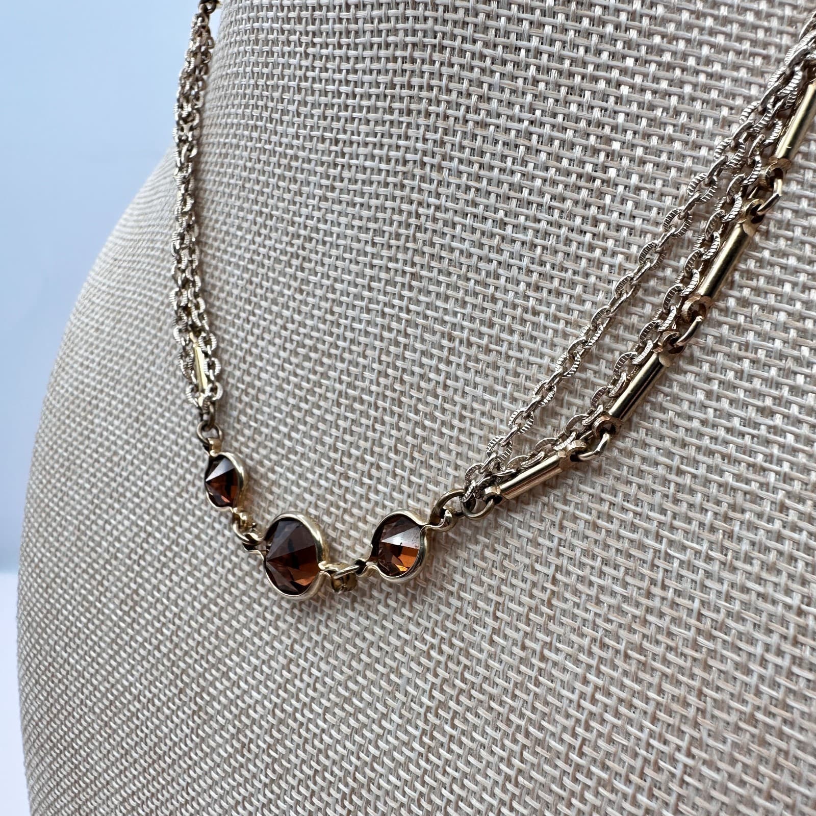 Vintage 80s Gold Tone Multi-Strand Necklace Brown Glass Boho Fashion Jewelry - Thumbnail 5