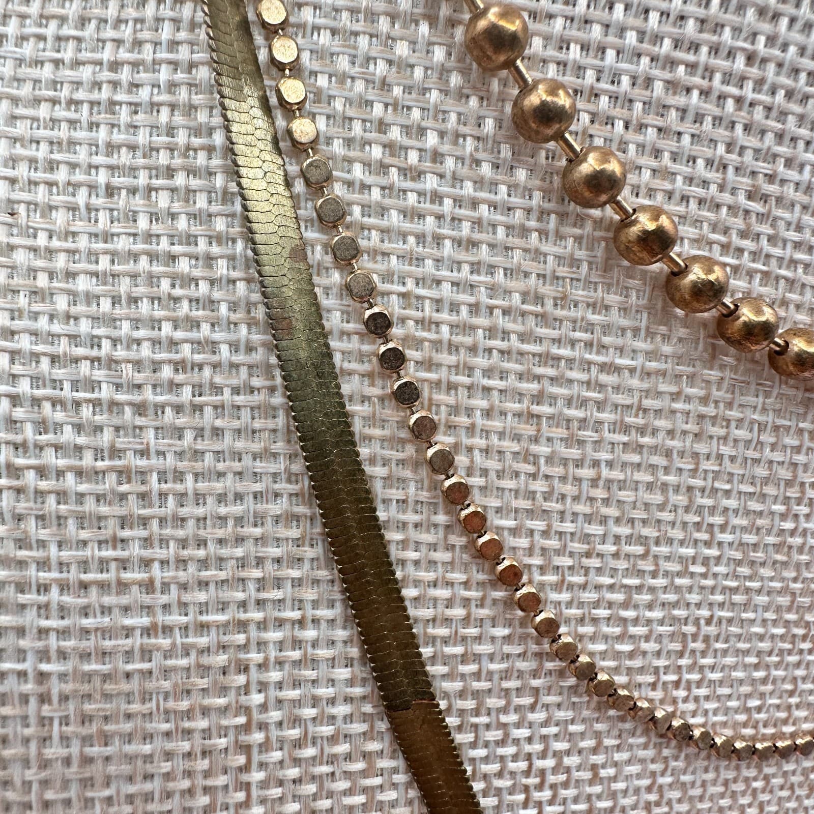 Vintage 80s Gold Tone Layered Necklace Snake Herringbone Bead Statement Jewelry - Thumbnail 4