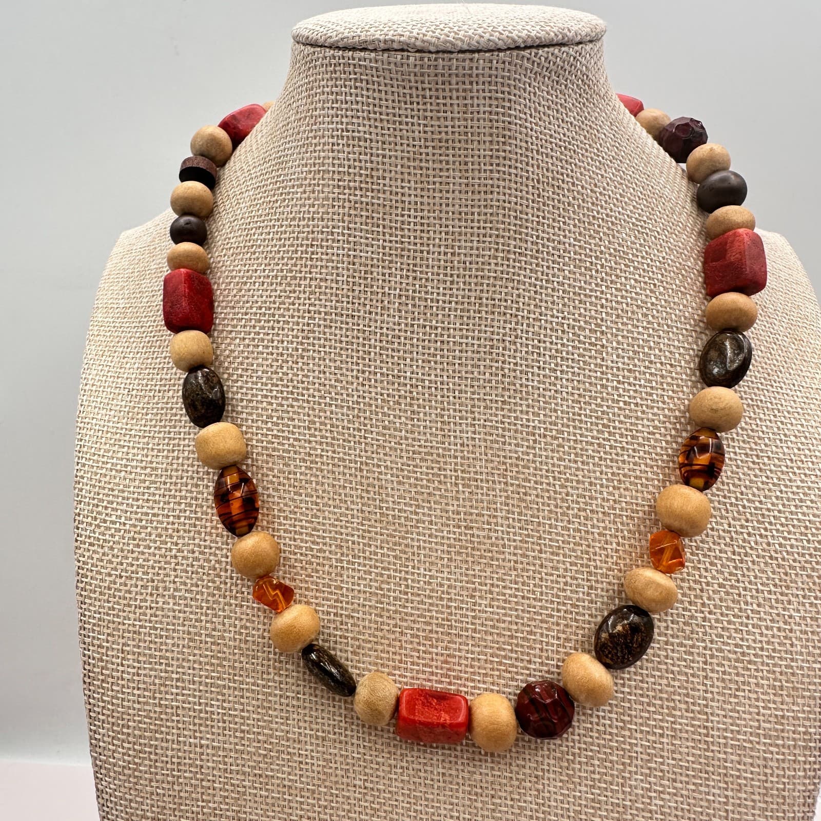 Vintage Y2K Eclectic Earthy Necklace Jasper Wood Amber Natural Beaded Jewelry - Thumbnail 3
