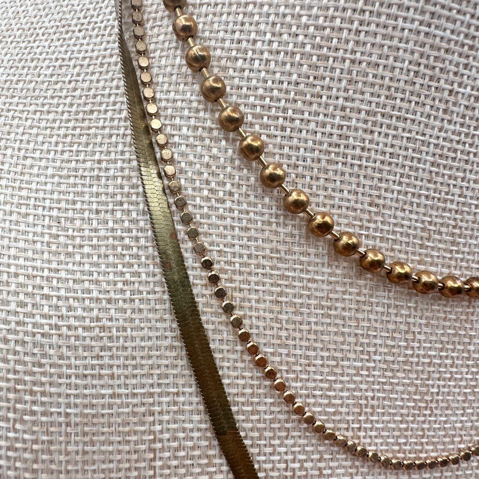 Vintage 80s Gold Tone Layered Necklace Snake Herringbone Bead Statement Jewelry - Thumbnail 3