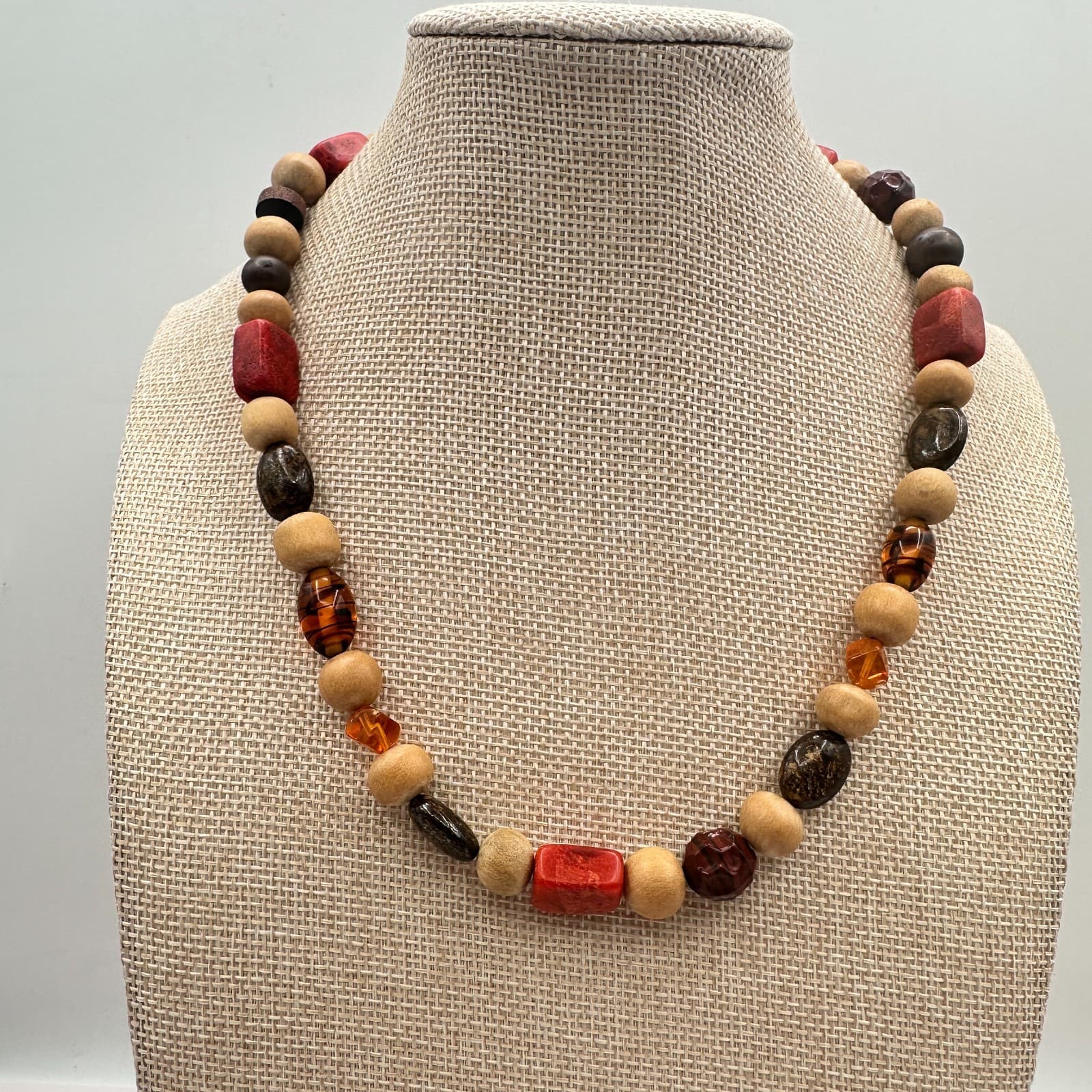 Vintage Y2K Eclectic Earthy Necklace Jasper Wood Amber Natural Beaded Jewelry - Thumbnail 9