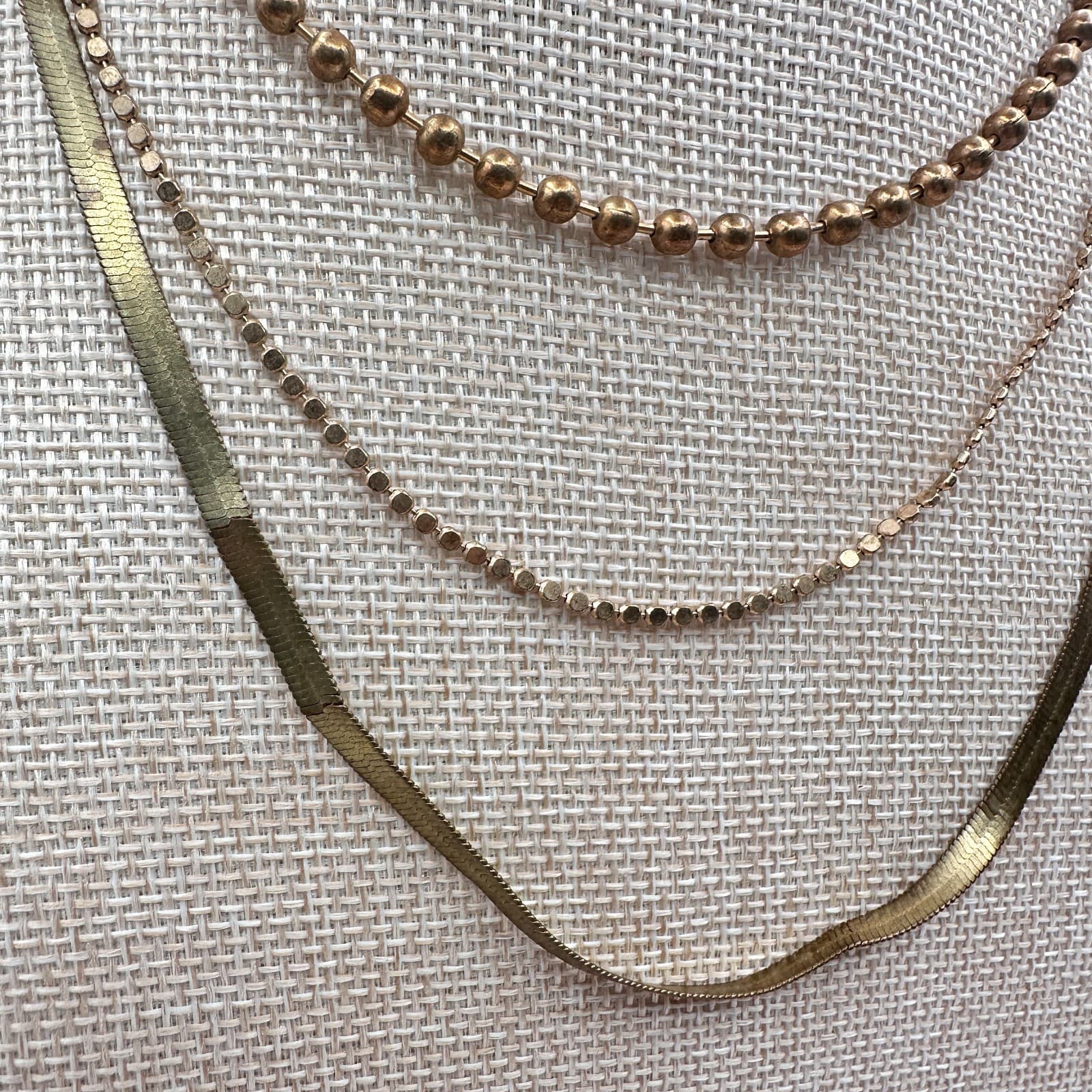 Vintage 80s Gold Tone Layered Necklace Snake Herringbone Bead Statement Jewelry - Thumbnail 5