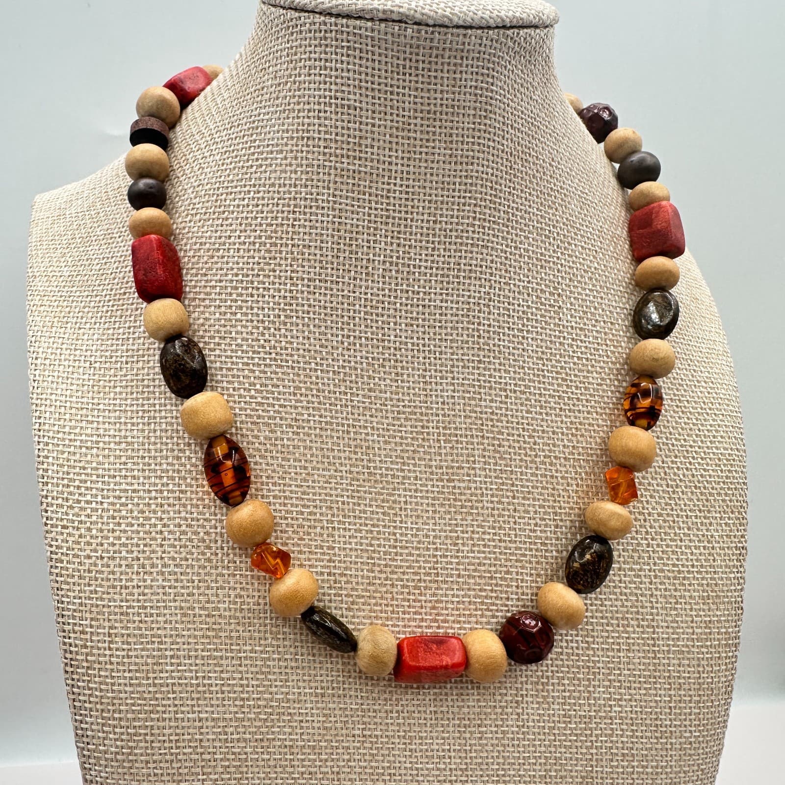 Vintage Y2K Eclectic Earthy Necklace Jasper Wood Amber Natural Beaded Jewelry - Thumbnail 5
