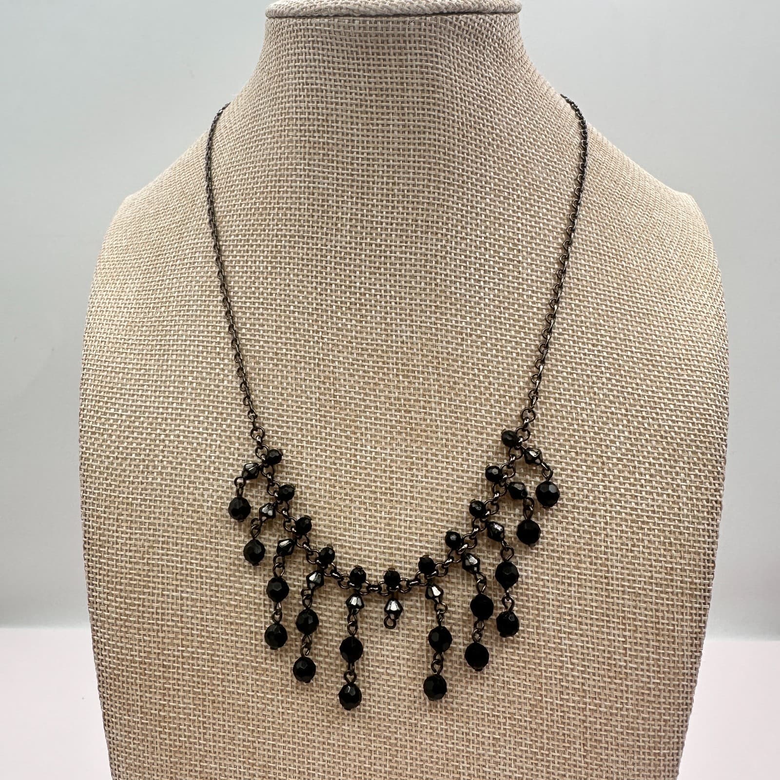 Vintage 90s Black Face Glass Bead Bib Statement Necklace Gunmetal Toned Jewelry - Thumbnail 6