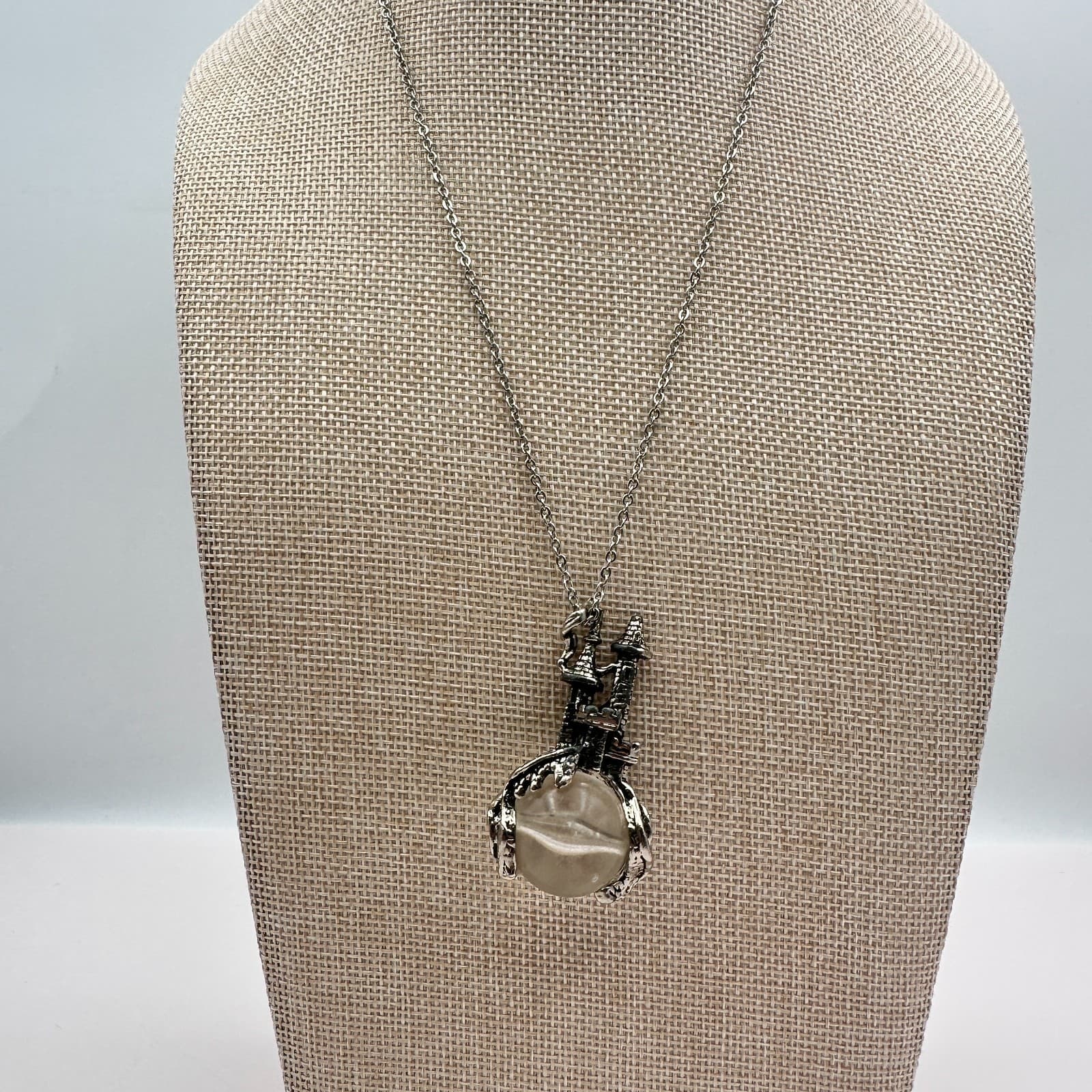 Vintage 80s Silver Tone Fantasy Castle Crystal Ball Orb Pendant Wizard Jewelry - Thumbnail 3