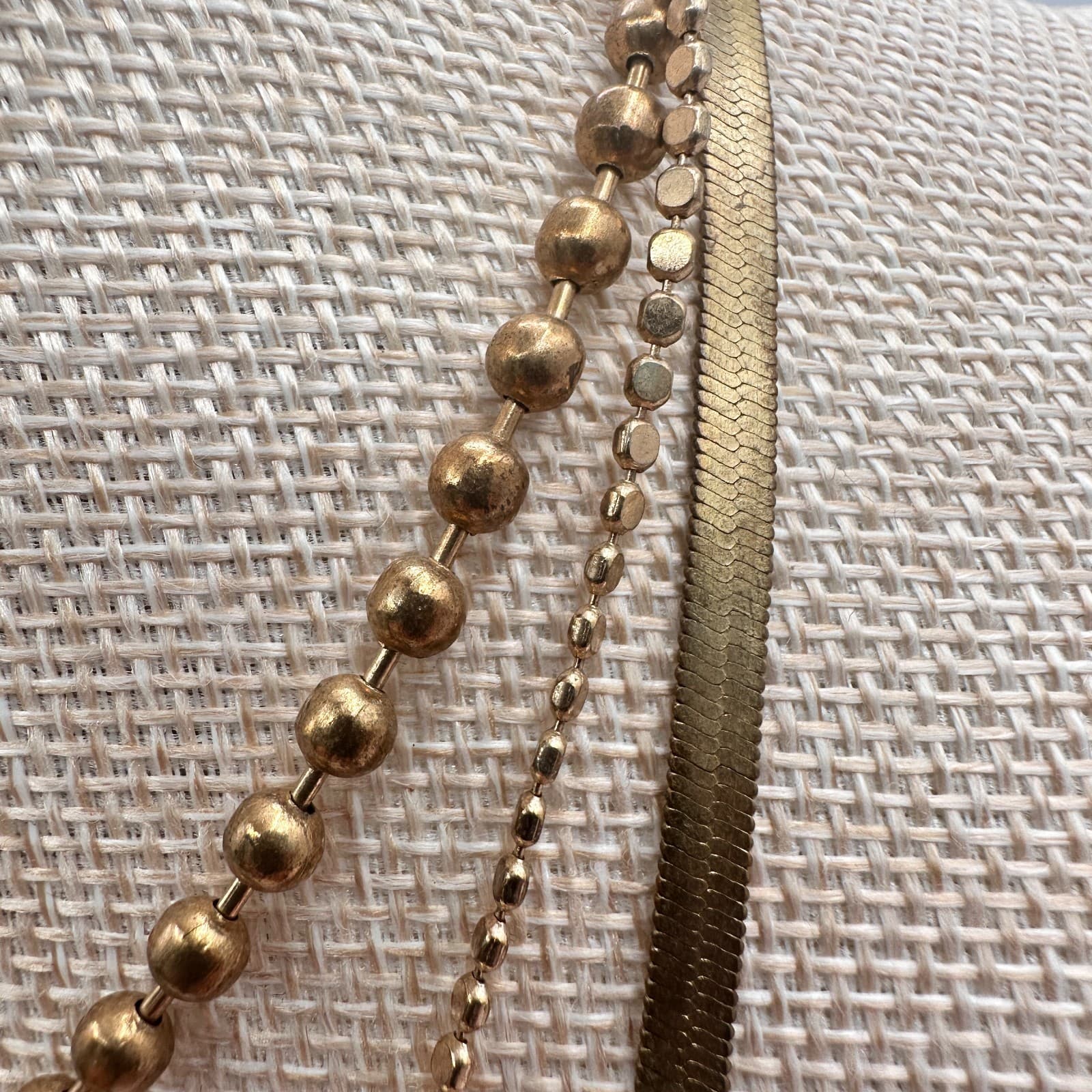Vintage 80s Gold Tone Layered Necklace Snake Herringbone Bead Statement Jewelry - Thumbnail 7