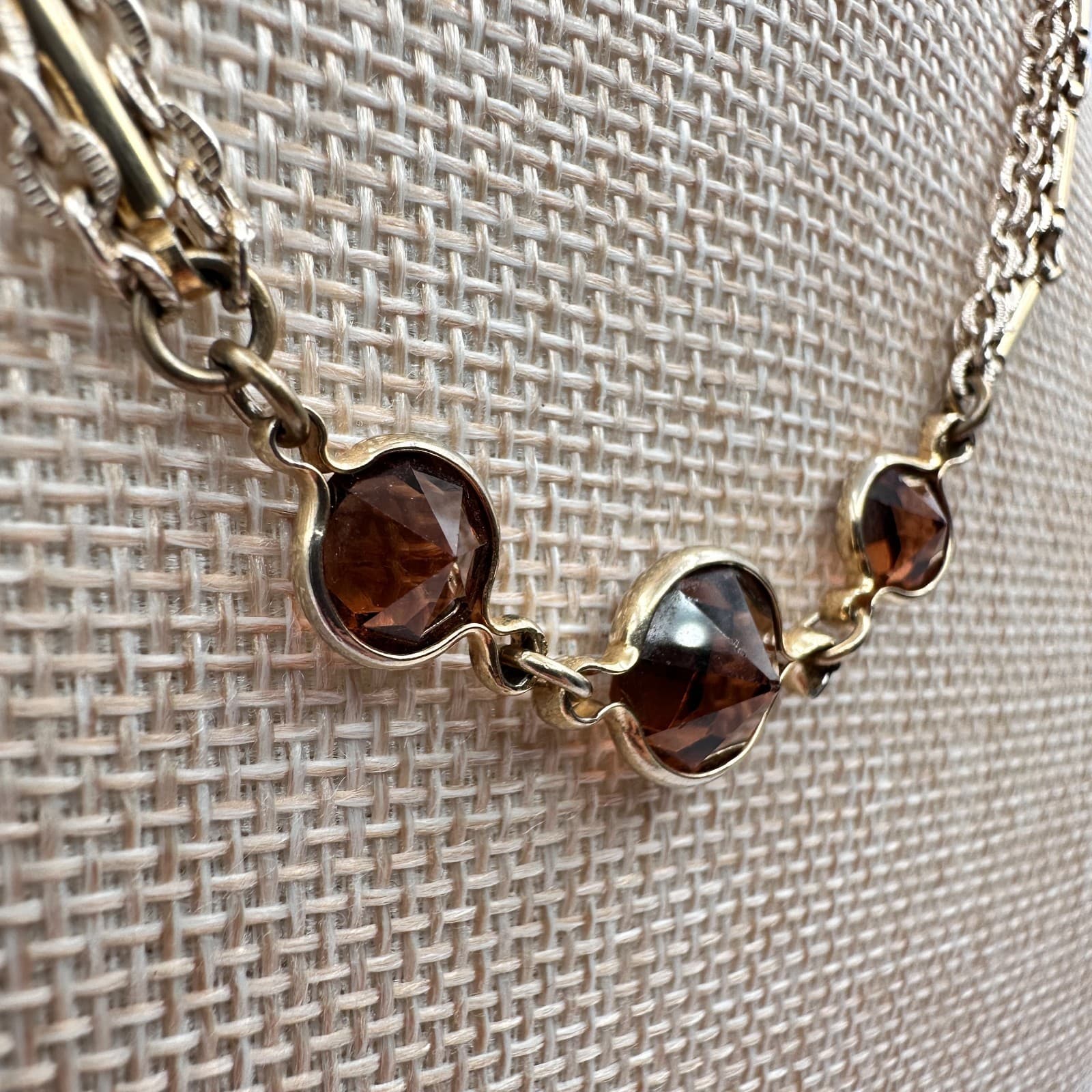 Vintage 80s Gold Tone Multi-Strand Necklace Brown Glass Boho Fashion Jewelry - Thumbnail 3