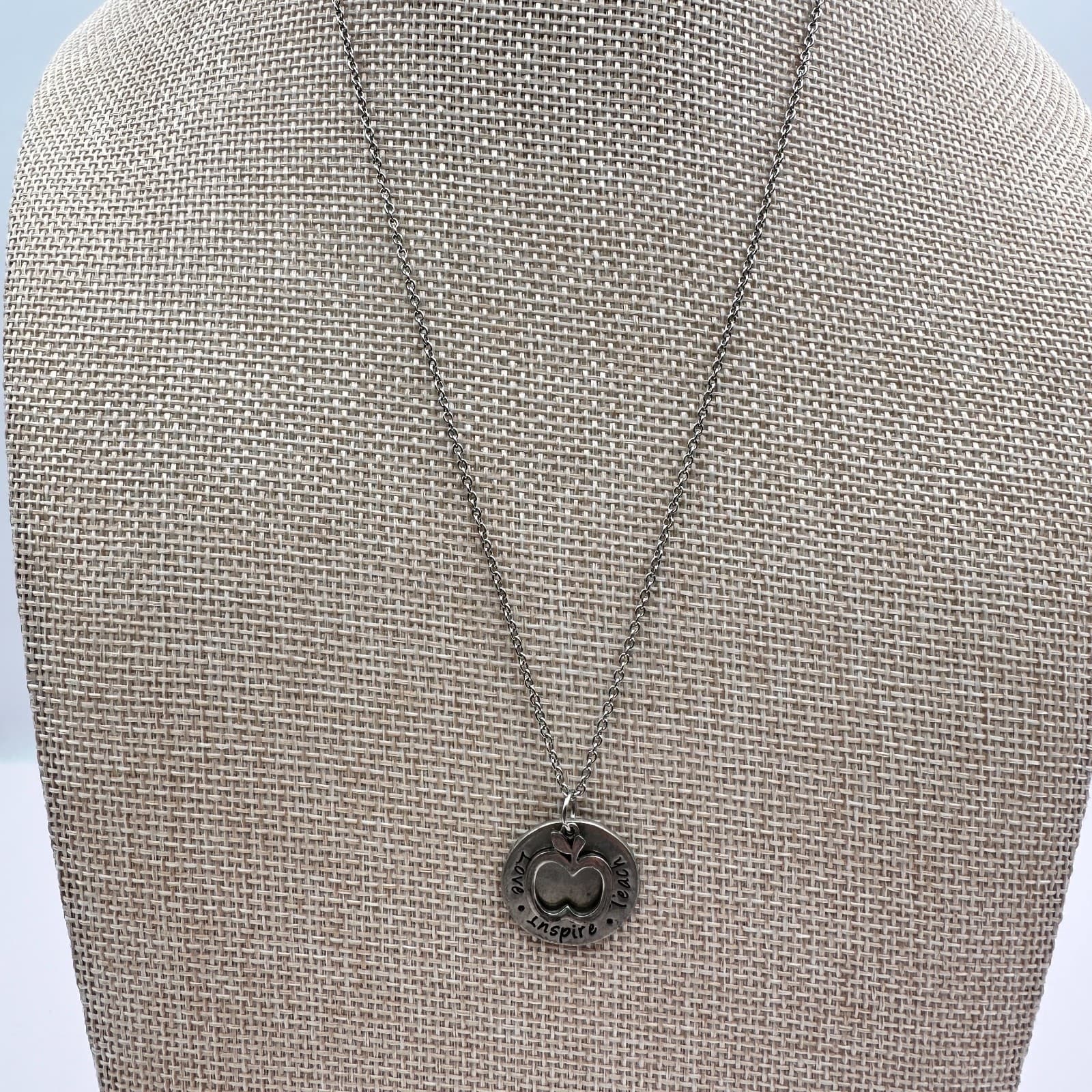 Vintage 80s SilverTone Apple Teacher Necklace Love Inspire Teach Pendant Jewelry - Thumbnail 6