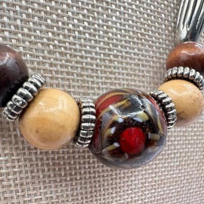 Vintage Y2K Silver Tone Wooden Beaded Necklace Boho Women's Classic Jewelry - Thumbnail 5