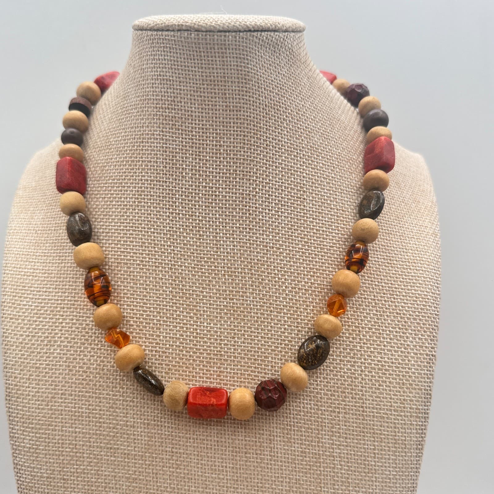 Vintage Y2K Eclectic Earthy Necklace Jasper Wood Amber Natural Beaded Jewelry - Thumbnail 7