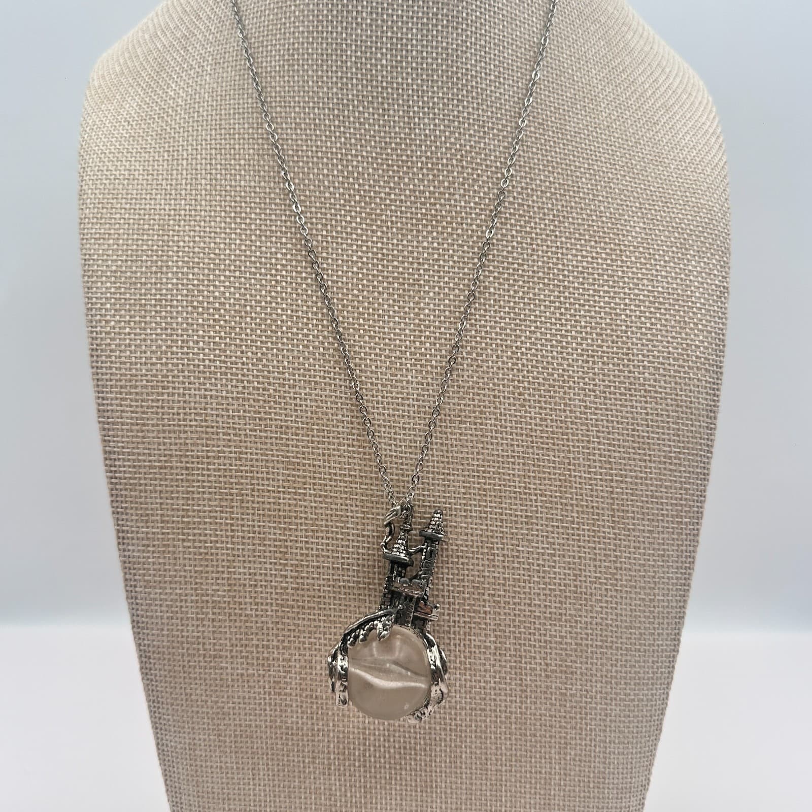 Vintage 80s Silver Tone Fantasy Castle Crystal Ball Orb Pendant Wizard Jewelry - Thumbnail 2