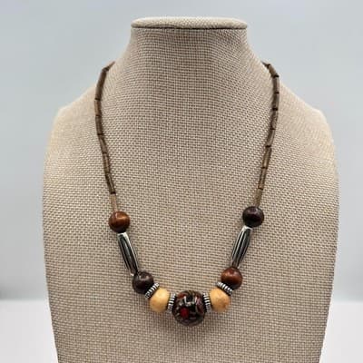 Vintage Y2K Silver Tone Wooden Beaded Necklace Boho Women's Classic Jewelry - Thumbnail 2