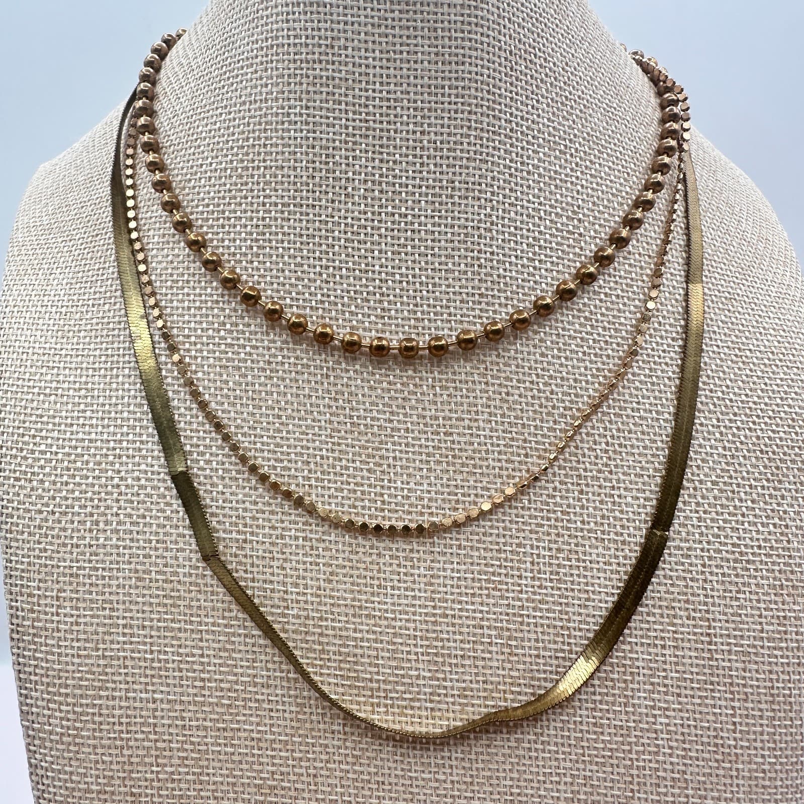 Vintage 80s Gold Tone Layered Necklace Snake Herringbone Bead Statement Jewelry - Thumbnail 6