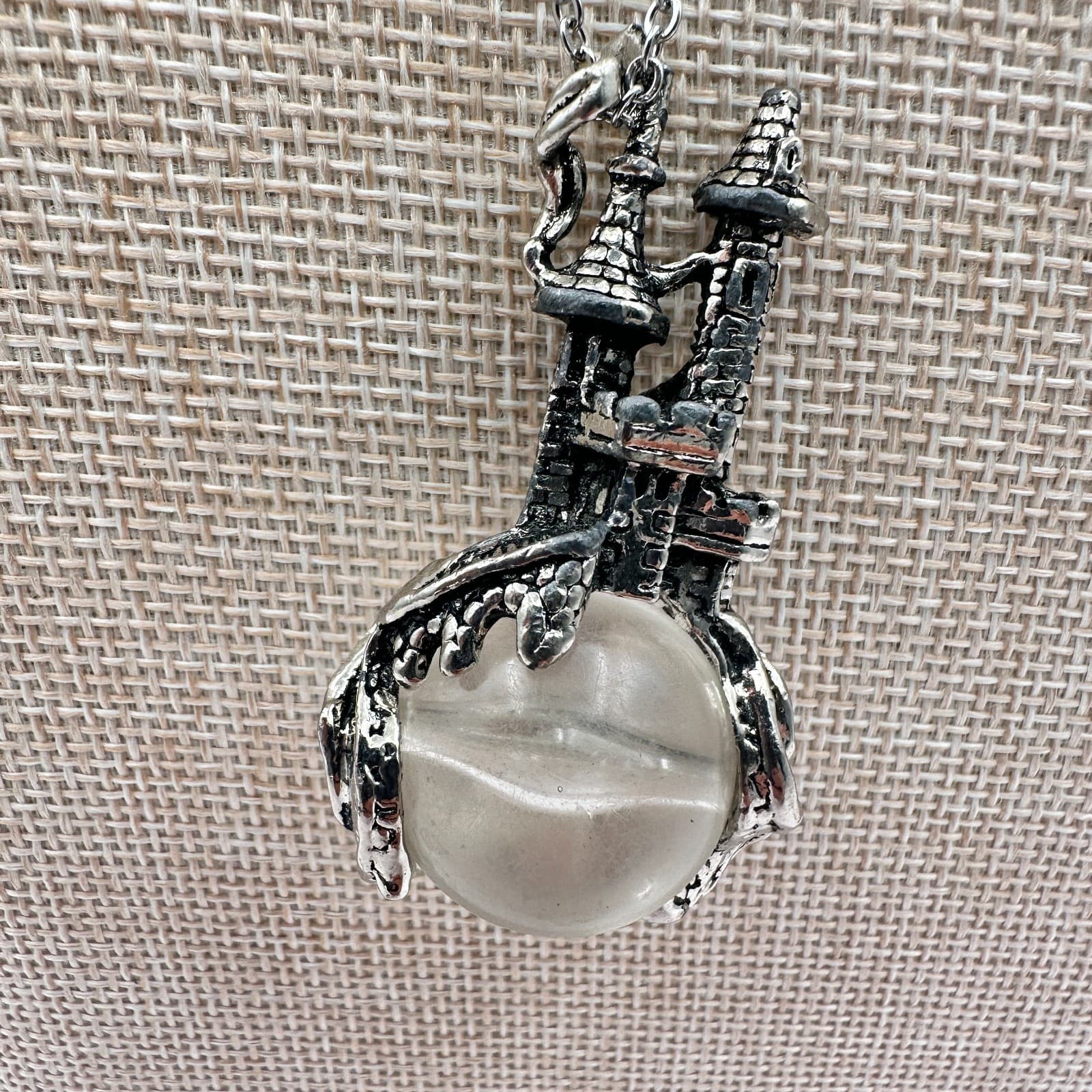 Vintage 80s Silver Tone Fantasy Castle Crystal Ball Orb Pendant Wizard Jewelry - Thumbnail 9