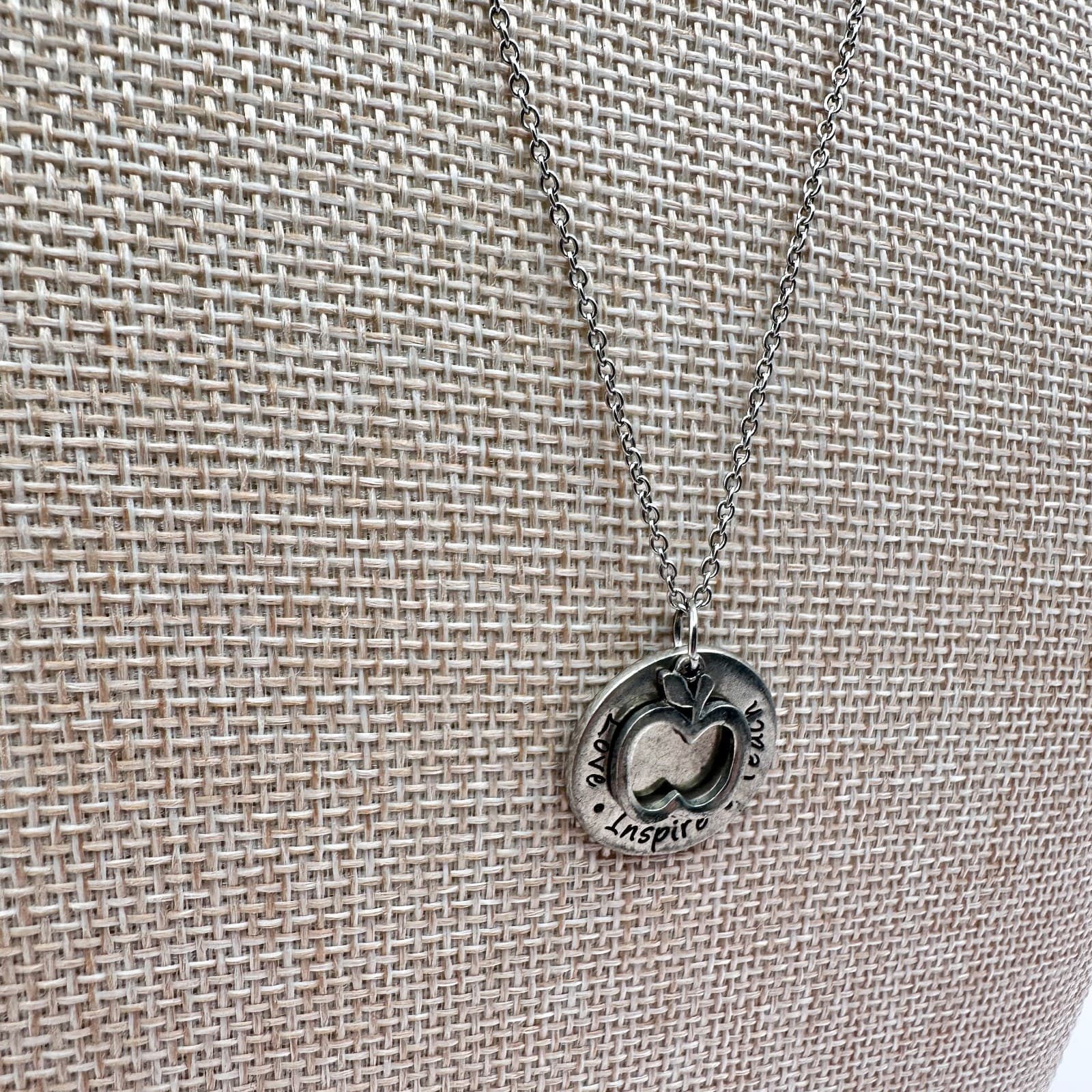 Vintage 80s SilverTone Apple Teacher Necklace Love Inspire Teach Pendant Jewelry - Thumbnail 4