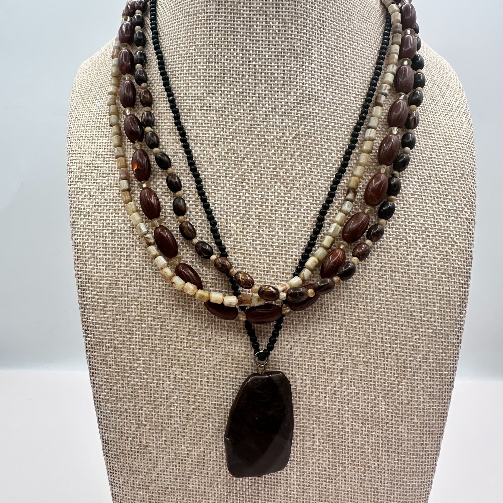 Vintage 80s Multi-Strand Earth Tone Beaded Layered Necklace Faux Stone Jewelry - Thumbnail 2