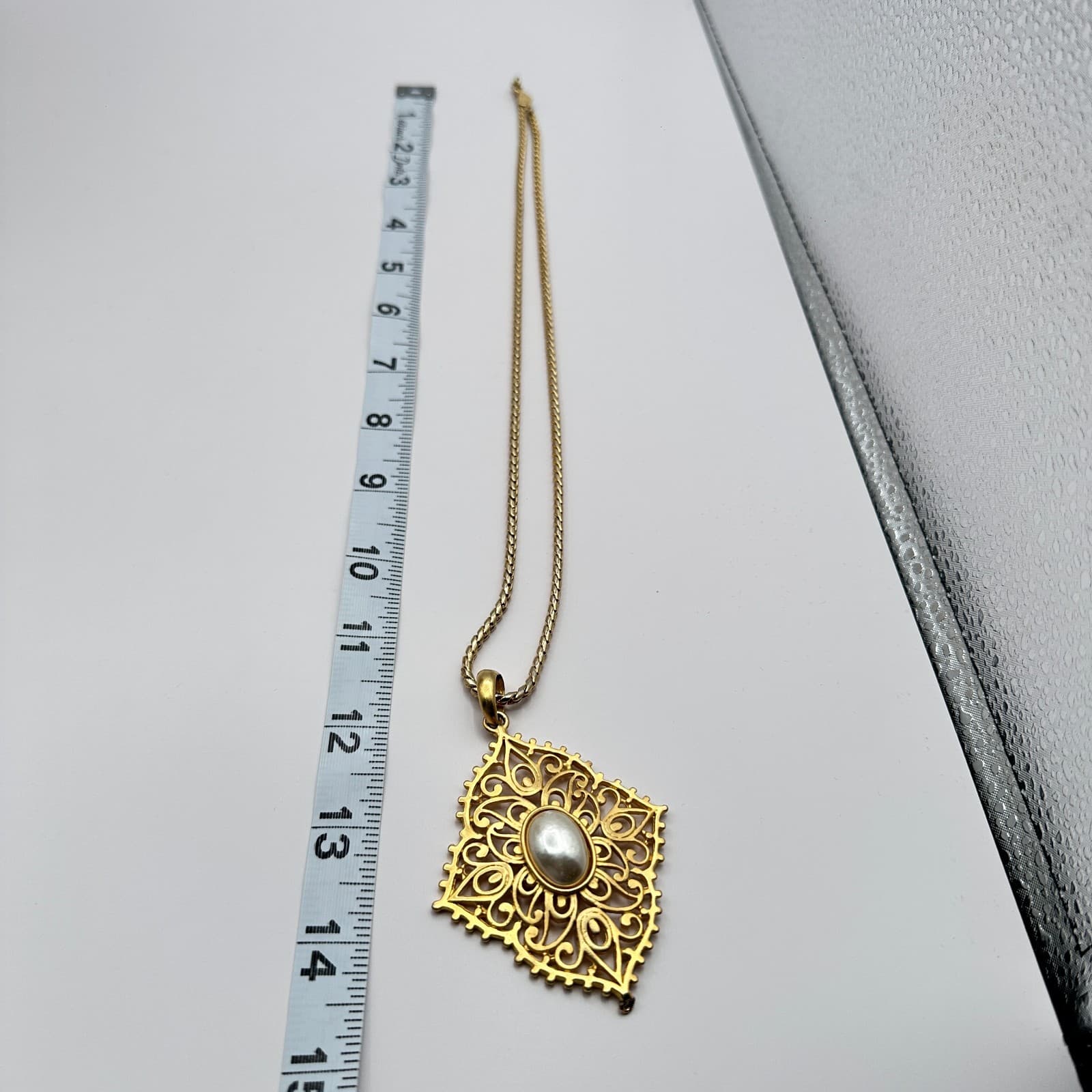 Vintage 70s Biagi Gold Tone Filigree White Pearl Statement Pendant Necklace - Thumbnail 9