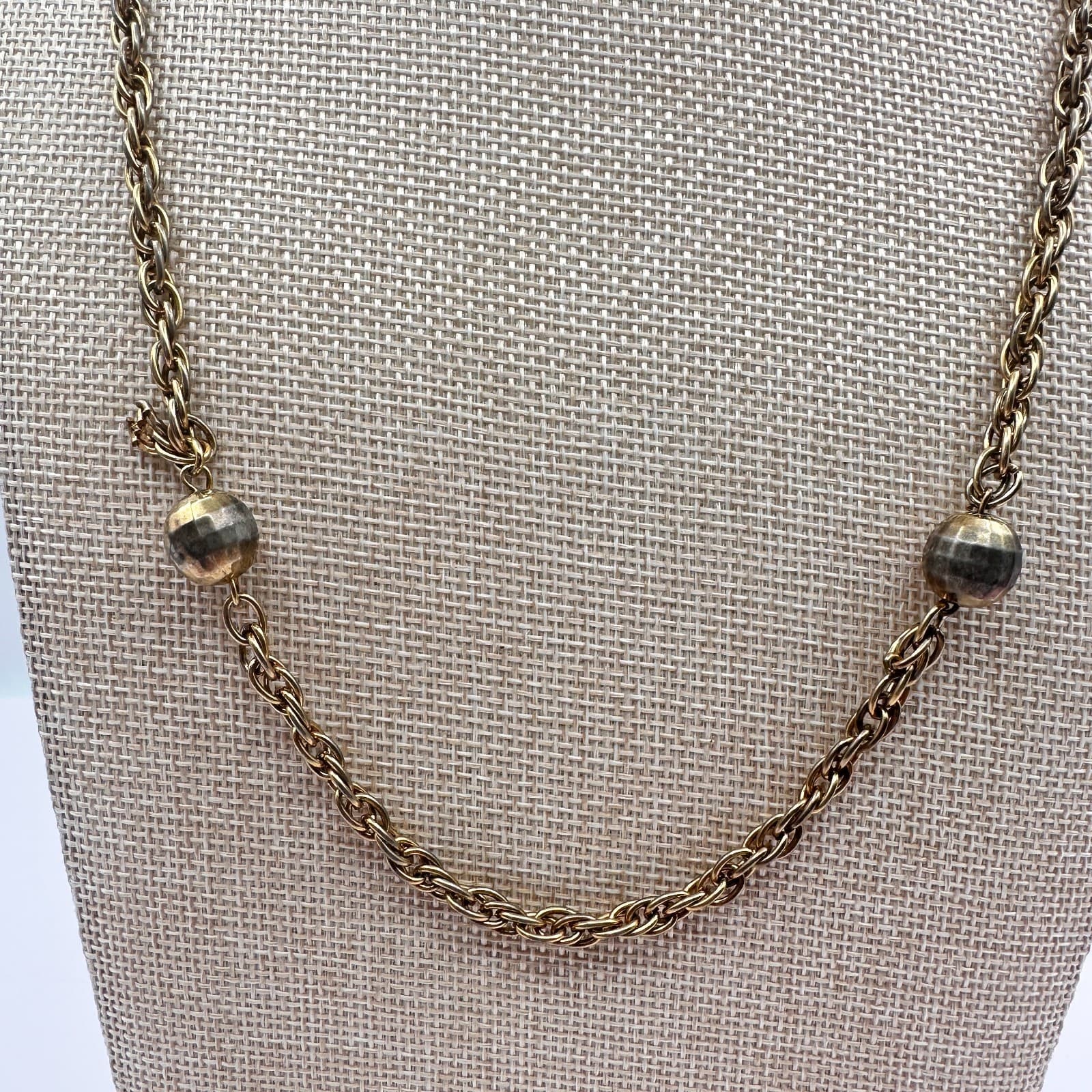 Vintage 80s Gold Tone Ball Bead Station Necklace Rope Chain Statement Jewelry - Thumbnail 3