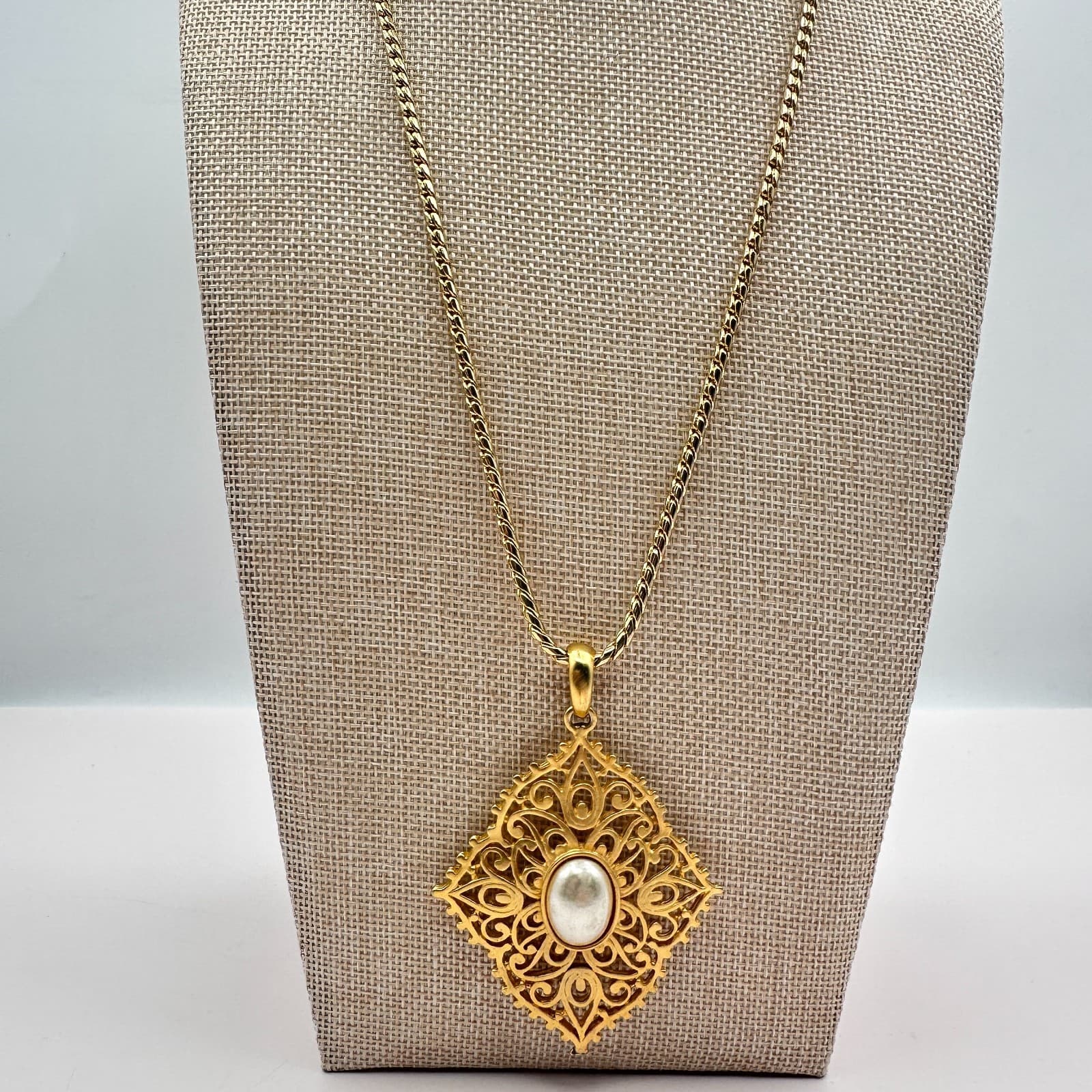 Vintage 70s Biagi Gold Tone Filigree White Pearl Statement Pendant Necklace - Thumbnail 2