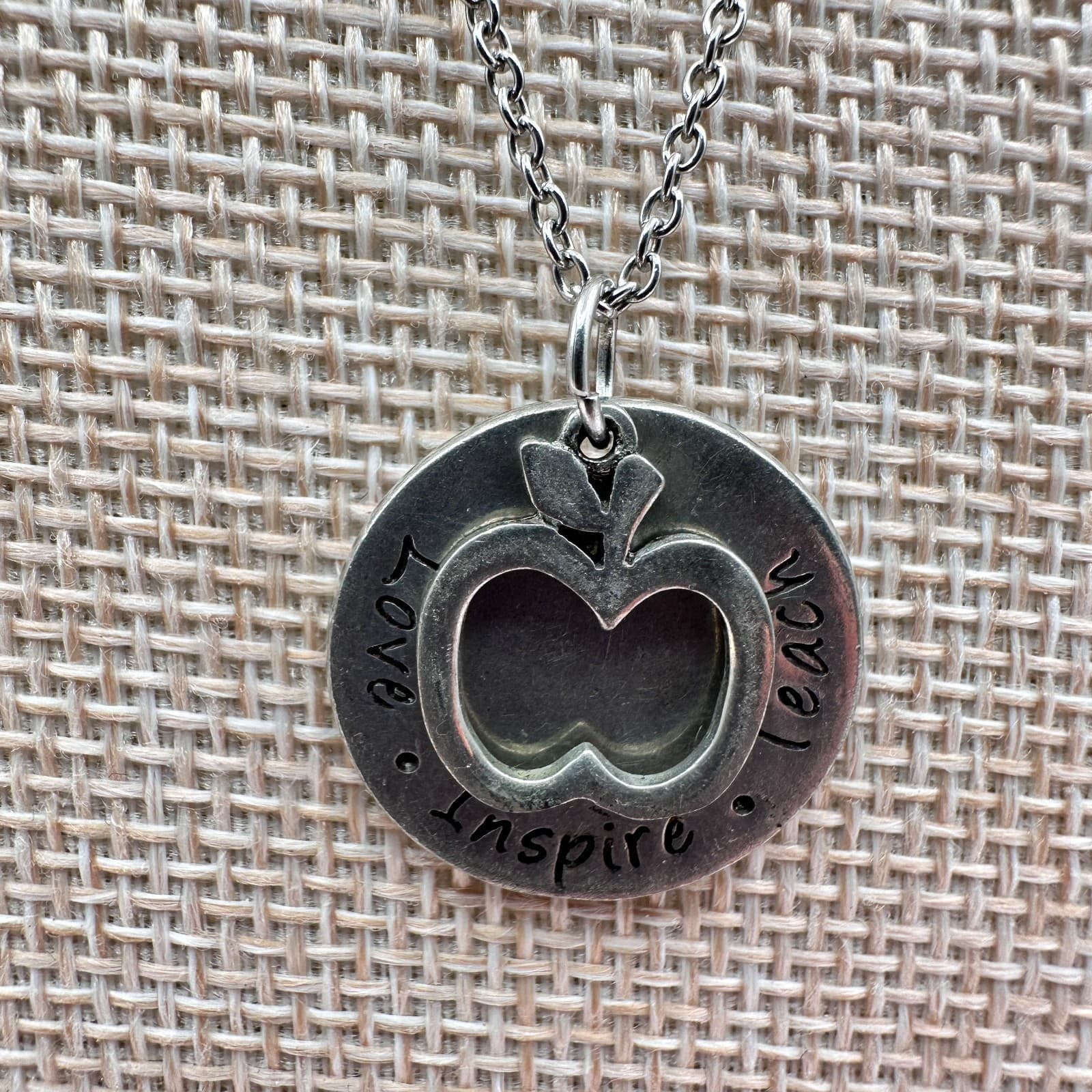 Vintage 80s SilverTone Apple Teacher Necklace Love Inspire Teach Pendant Jewelry - Thumbnail 3