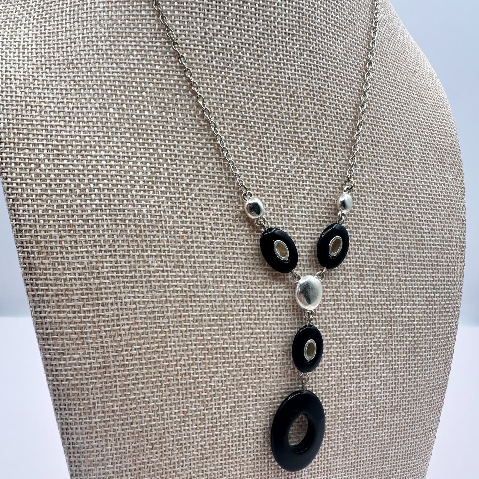 Vintage 80s Silver Tone Black White Enamel Round Pendant Statement Retro Jewelry - Thumbnail 5