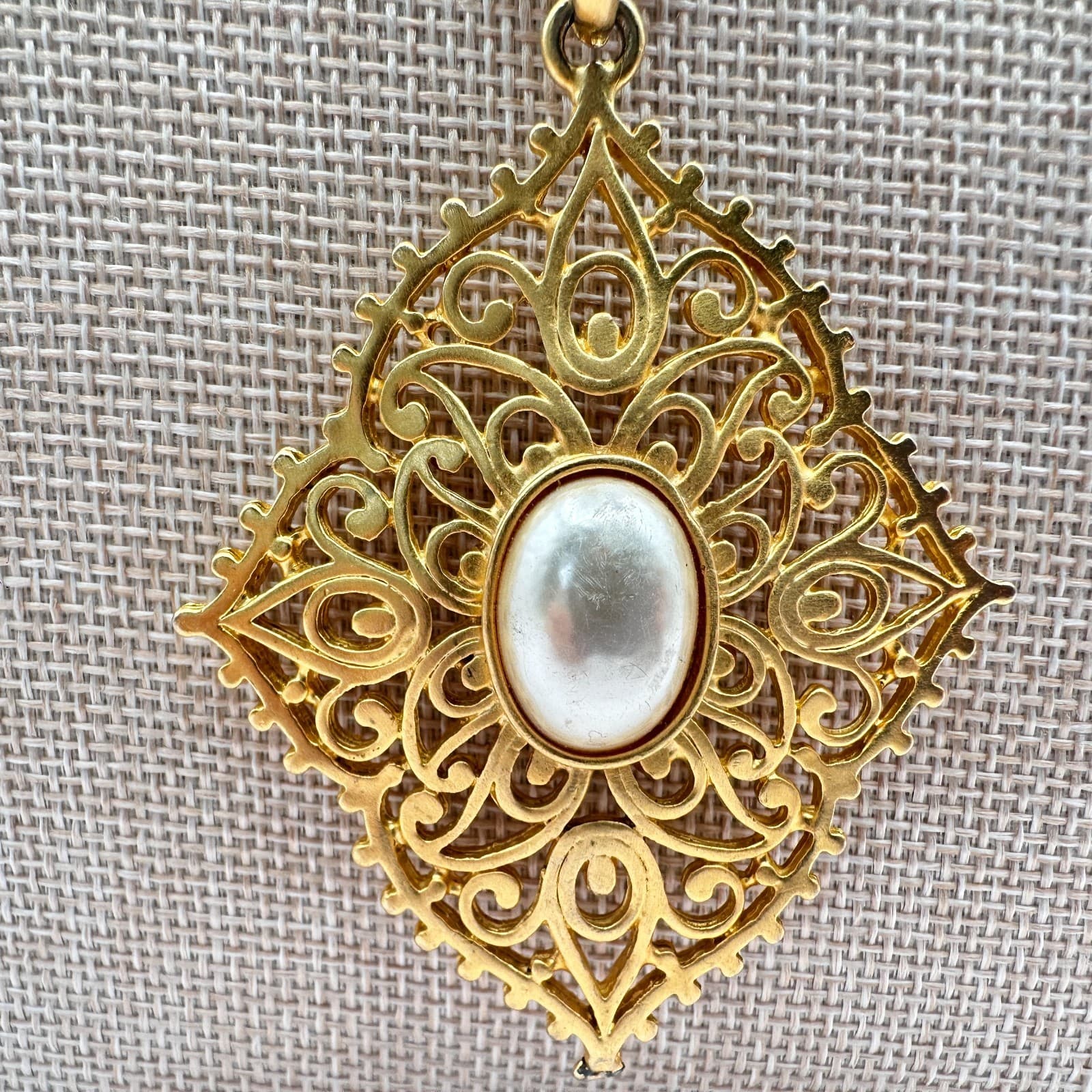 Vintage 70s Biagi Gold Tone Filigree White Pearl Statement Pendant Necklace - Thumbnail 3