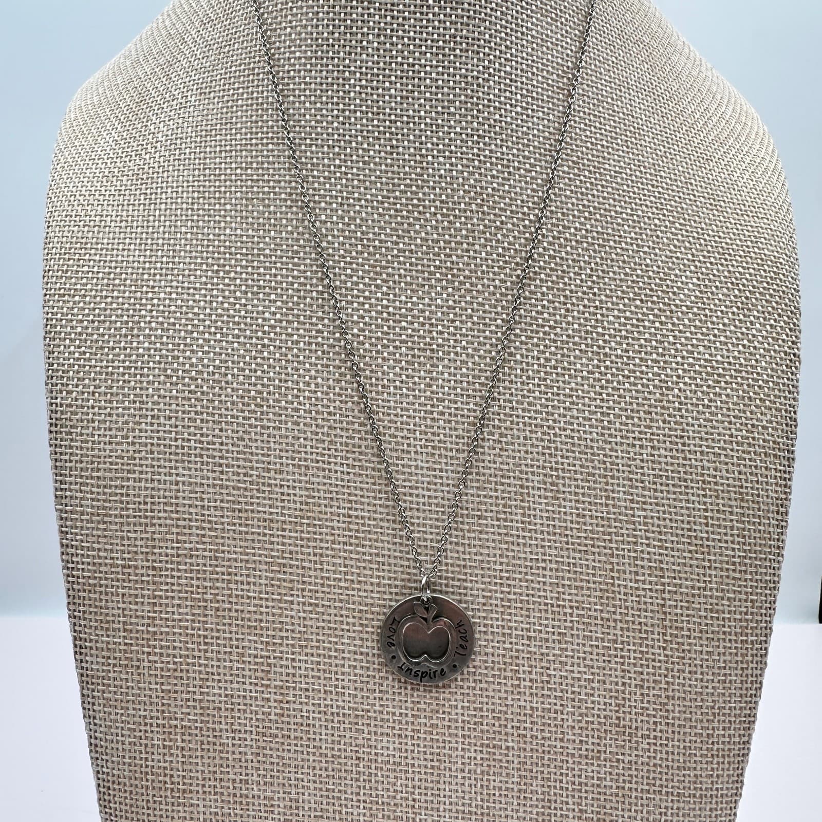 Vintage 80s SilverTone Apple Teacher Necklace Love Inspire Teach Pendant Jewelry - Thumbnail 2