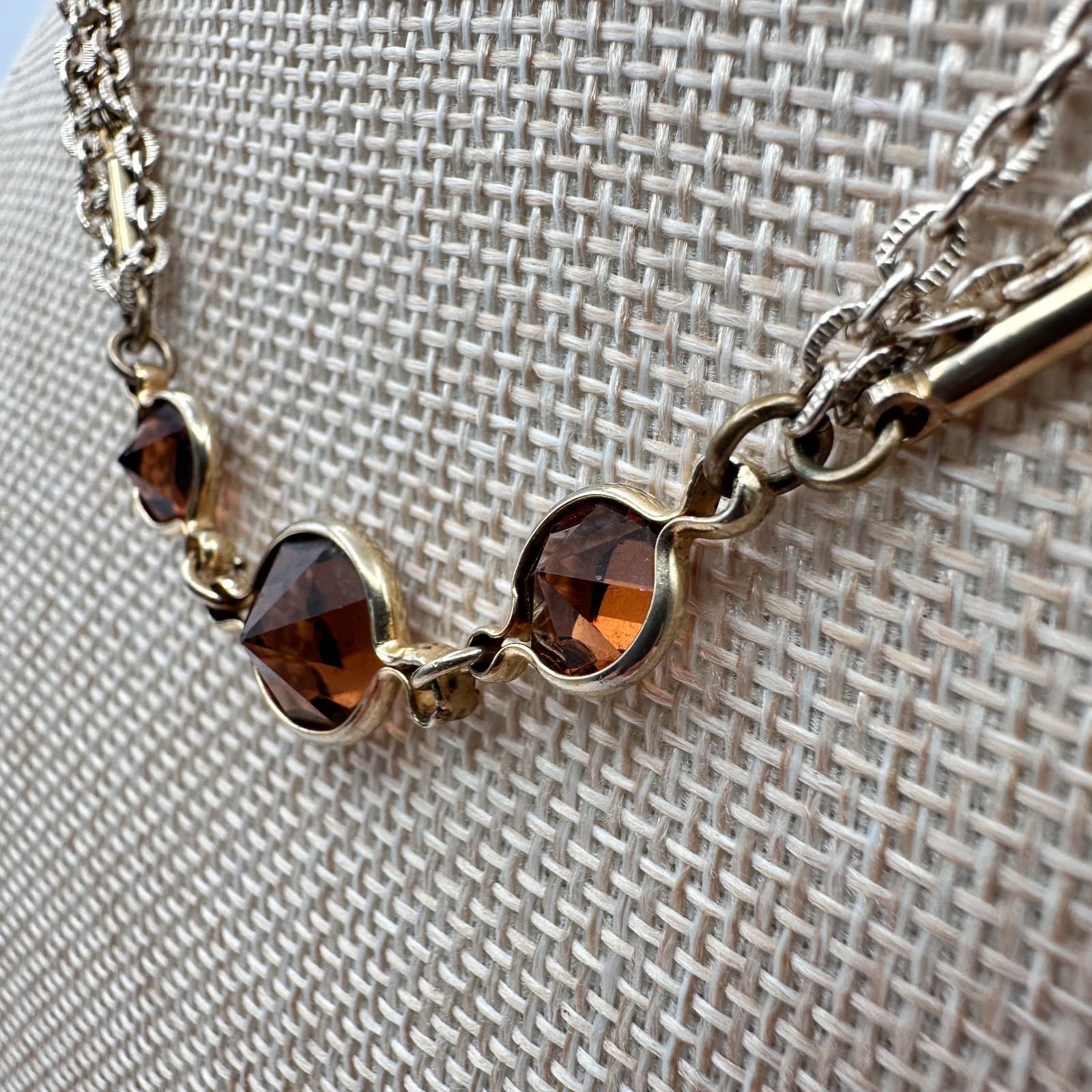 Vintage 80s Gold Tone Multi-Strand Necklace Brown Glass Boho Fashion Jewelry - Thumbnail 4