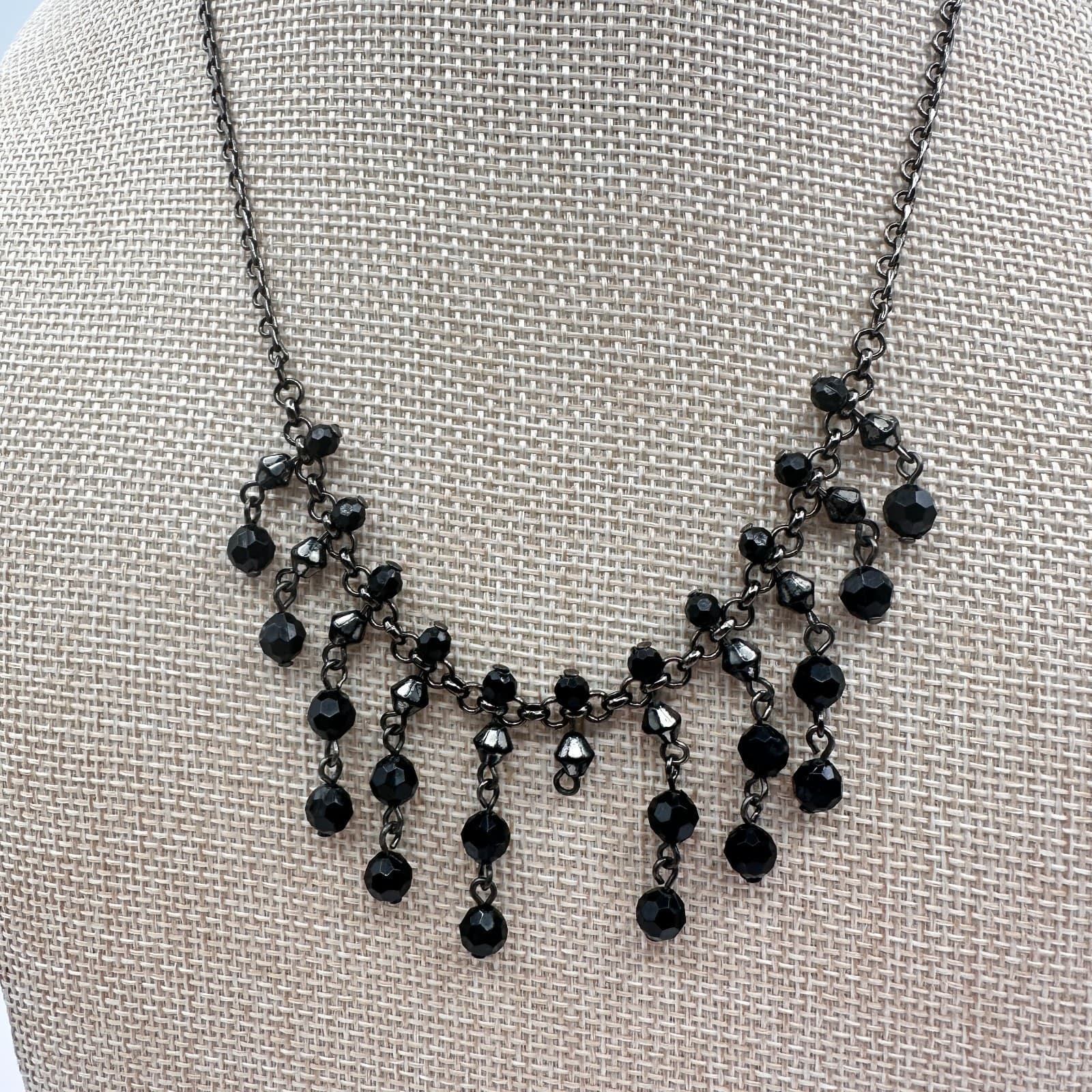 Vintage 90s Black Face Glass Bead Bib Statement Necklace Gunmetal Toned Jewelry - Thumbnail 5