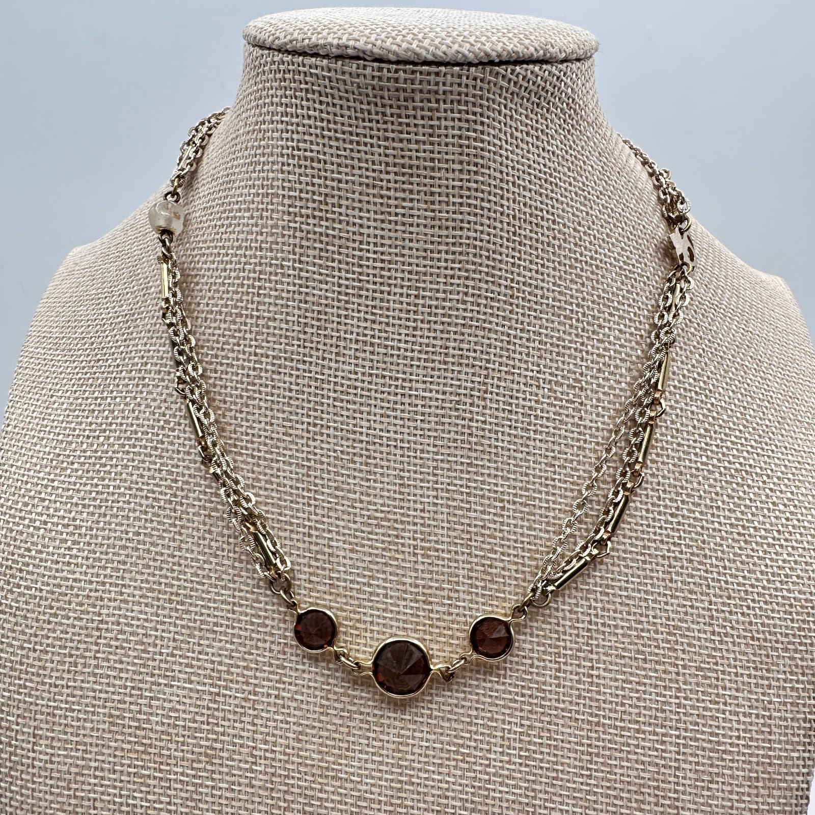 Vintage 80s Gold Tone Multi-Strand Necklace Brown Glass Boho Fashion Jewelry - Thumbnail 7