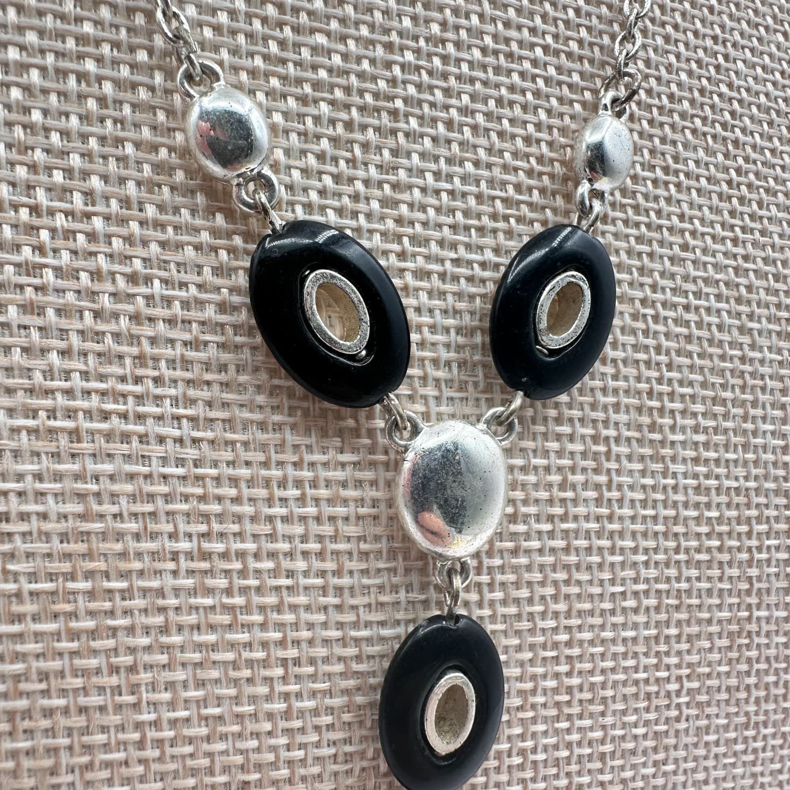 Vintage 80s Silver Tone Black White Enamel Round Pendant Statement Retro Jewelry - Thumbnail 6