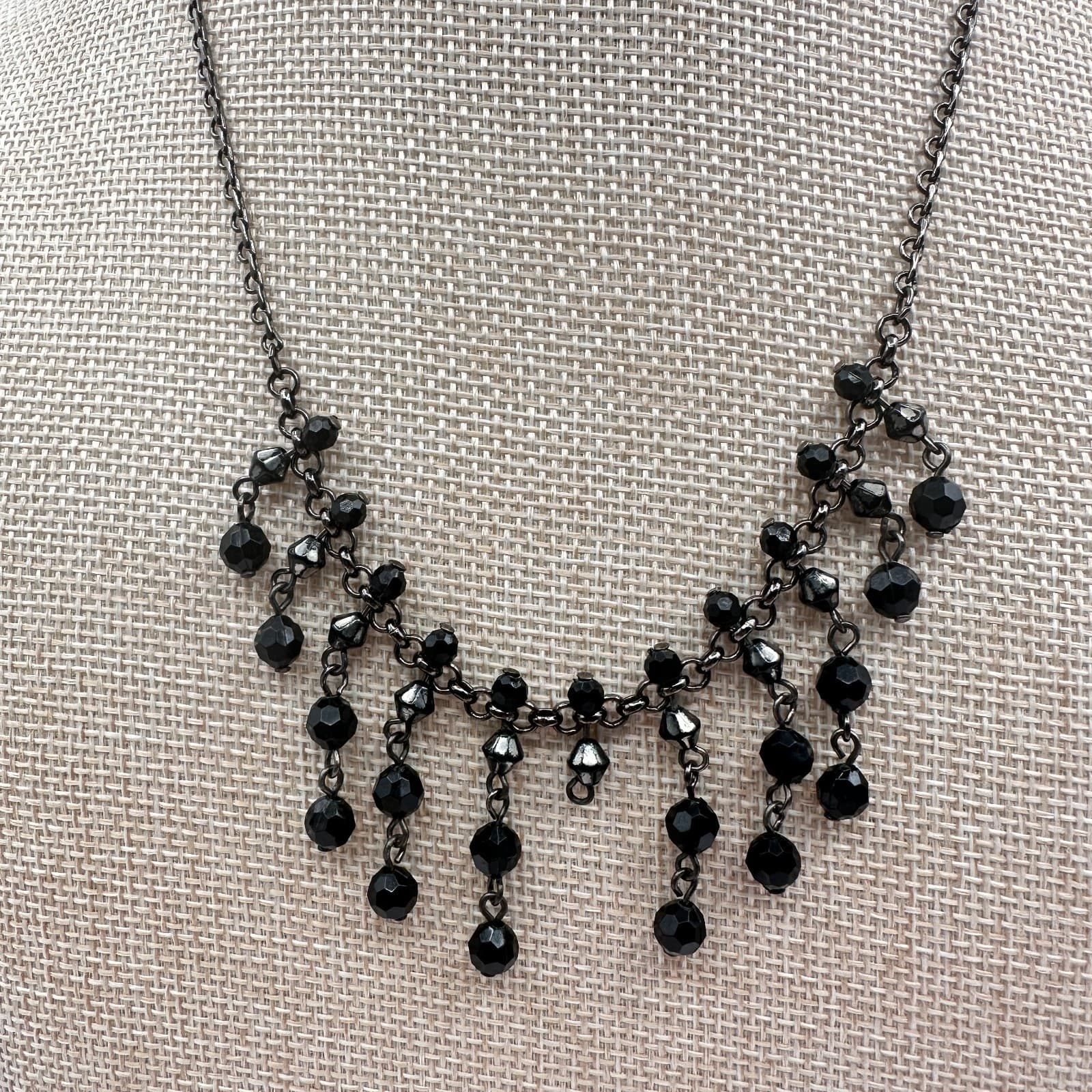 Vintage 90s Black Face Glass Bead Bib Statement Necklace Gunmetal Toned Jewelry - Thumbnail 2