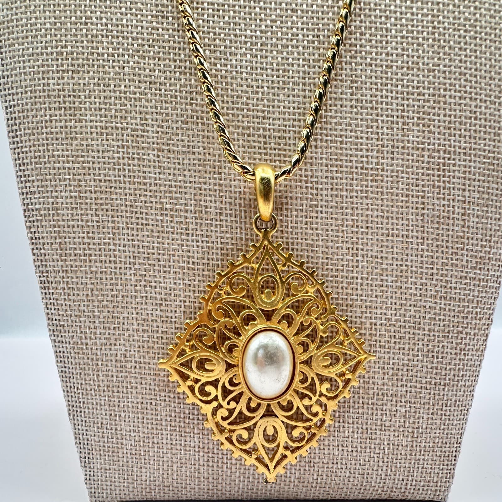 Vintage 70s Biagi Gold Tone Filigree White Pearl Statement Pendant Necklace - Thumbnail 4