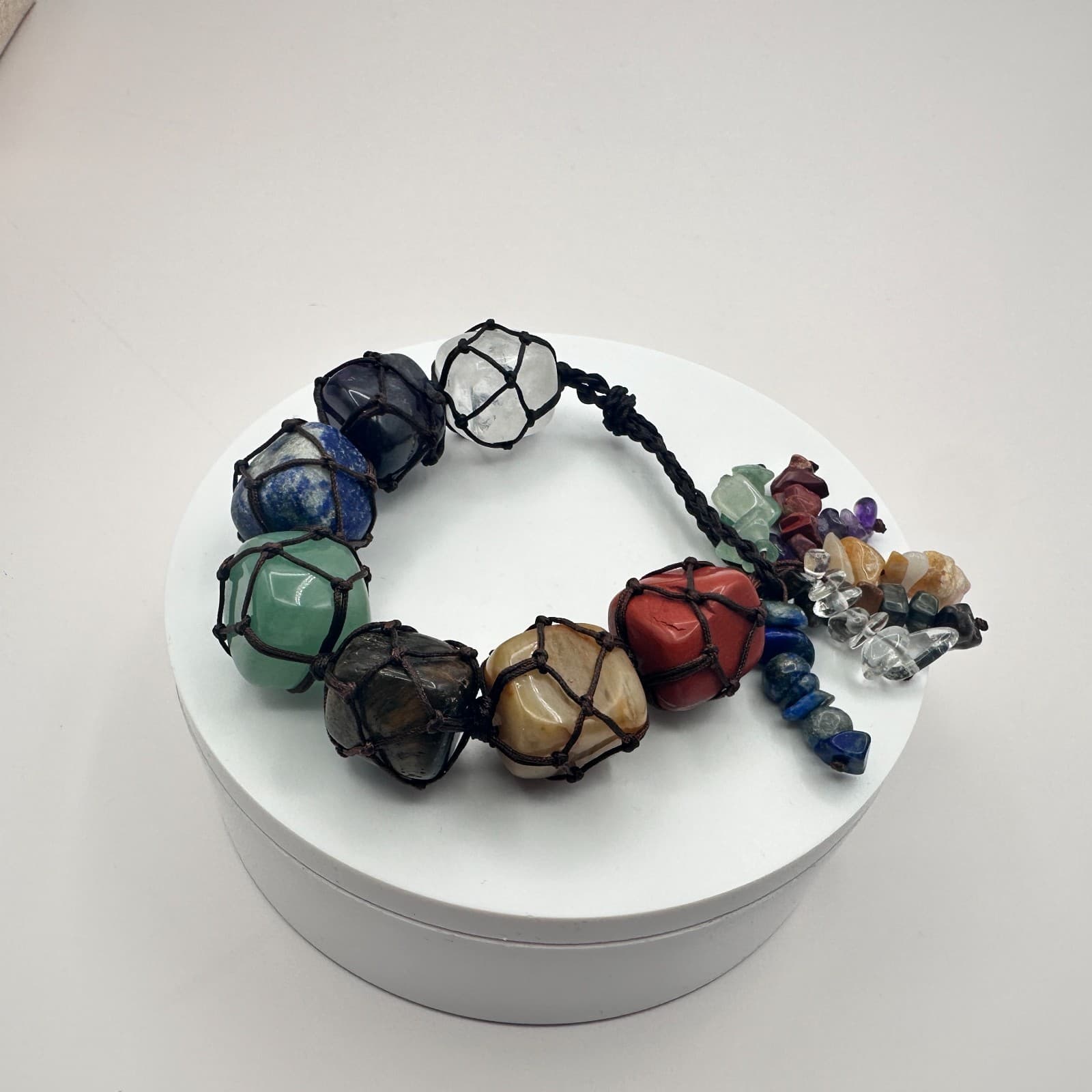 Vintage Y2K Chakra Macrame Healing Bracelet Natural Tumbled Stone Boho Jewelry - Thumbnail 2