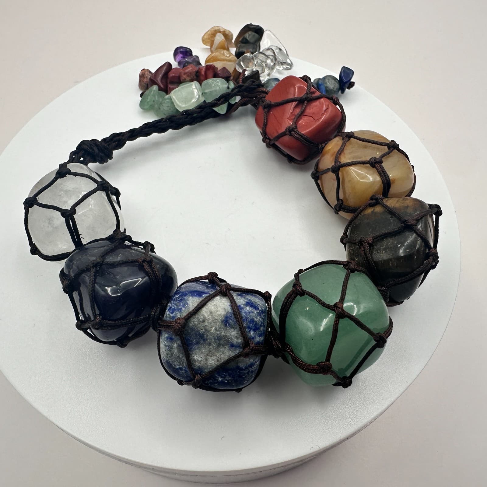 Vintage Y2K Chakra Macrame Healing Bracelet Natural Tumbled Stone Boho Jewelry - Thumbnail 3
