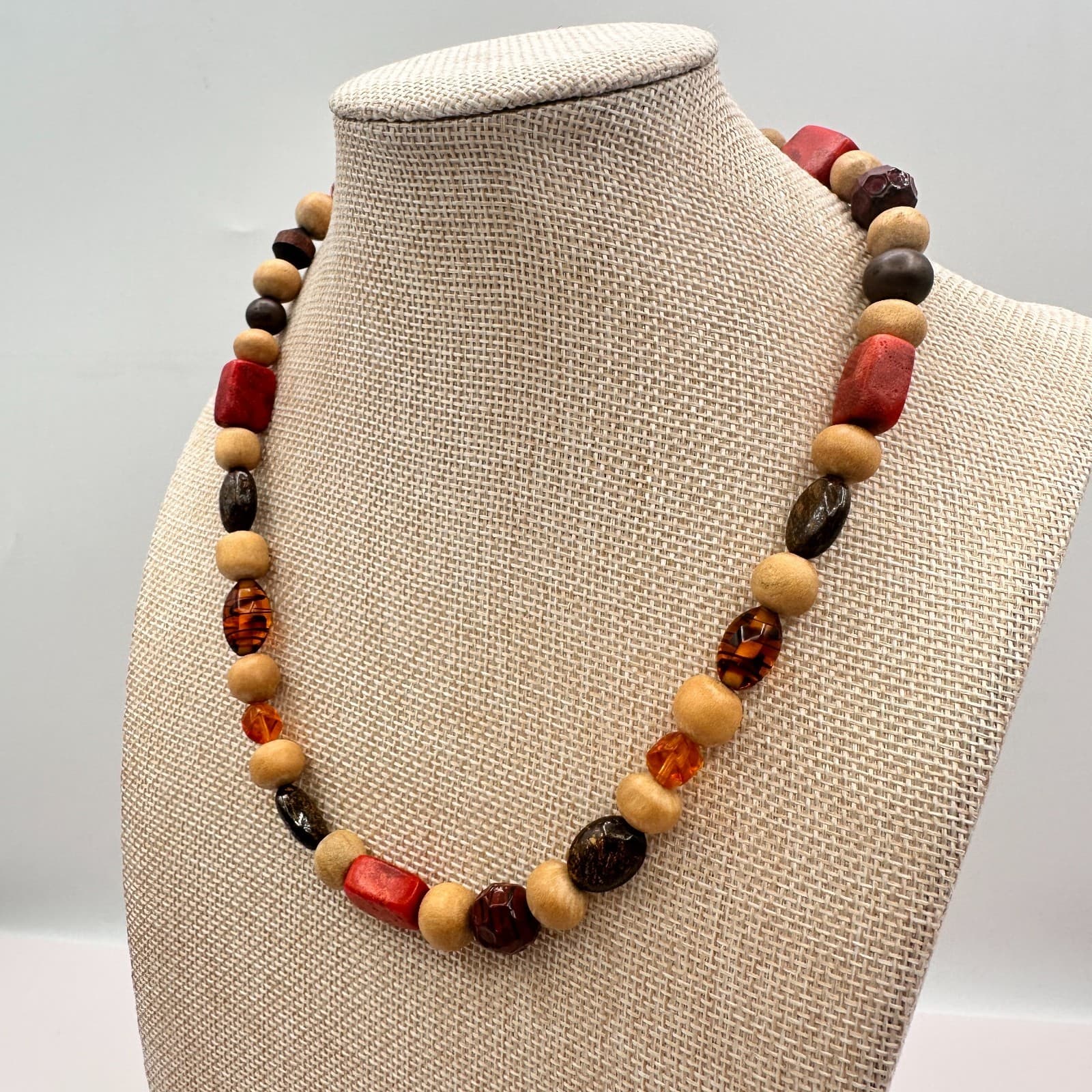 Vintage Y2K Eclectic Earthy Necklace Jasper Wood Amber Natural Beaded Jewelry - Thumbnail 2