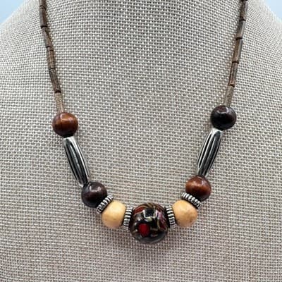 Vintage Y2K Silver Tone Wooden Beaded Necklace Boho Women's Classic Jewelry - Thumbnail 6