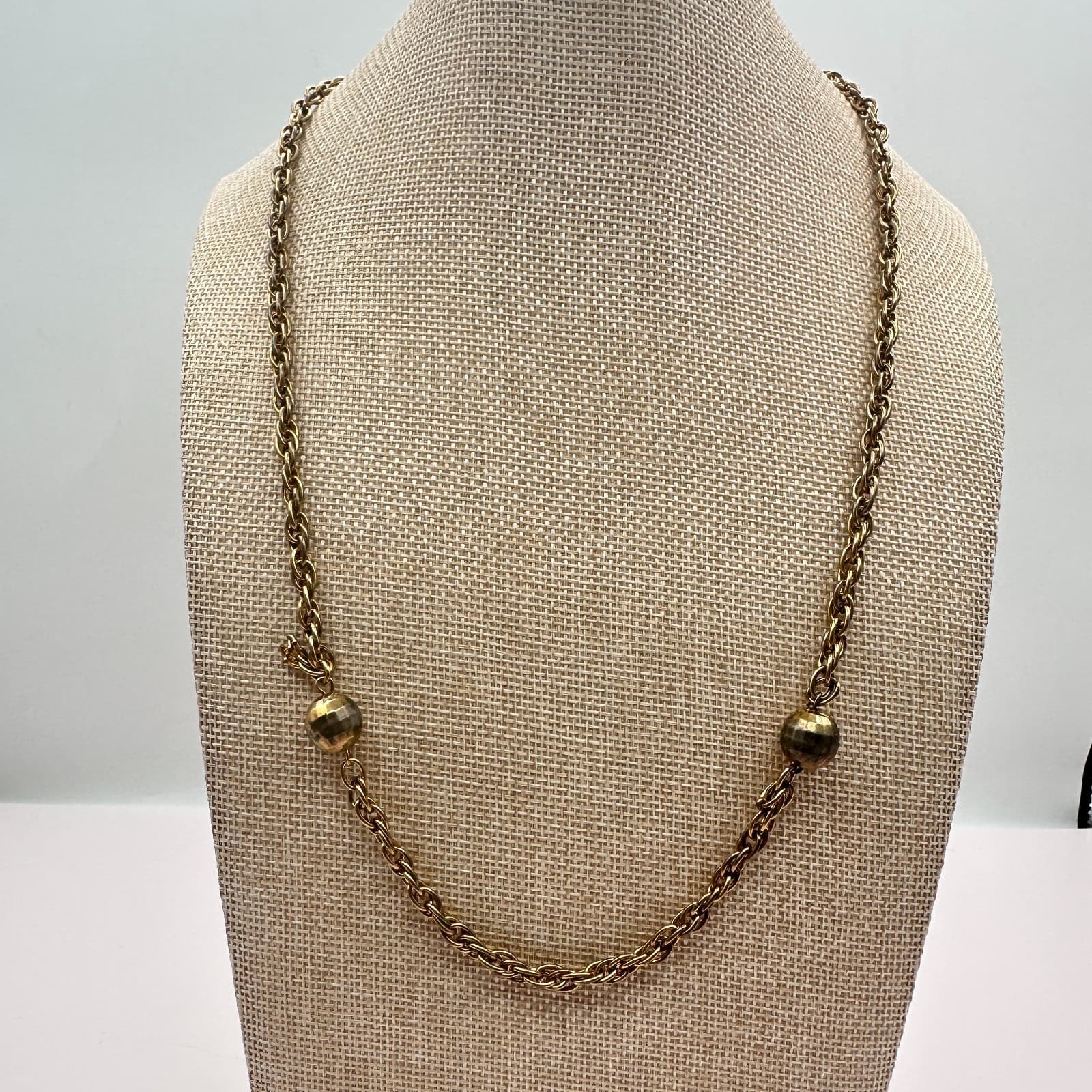 Vintage 80s Gold Tone Ball Bead Station Necklace Rope Chain Statement Jewelry - Thumbnail 2