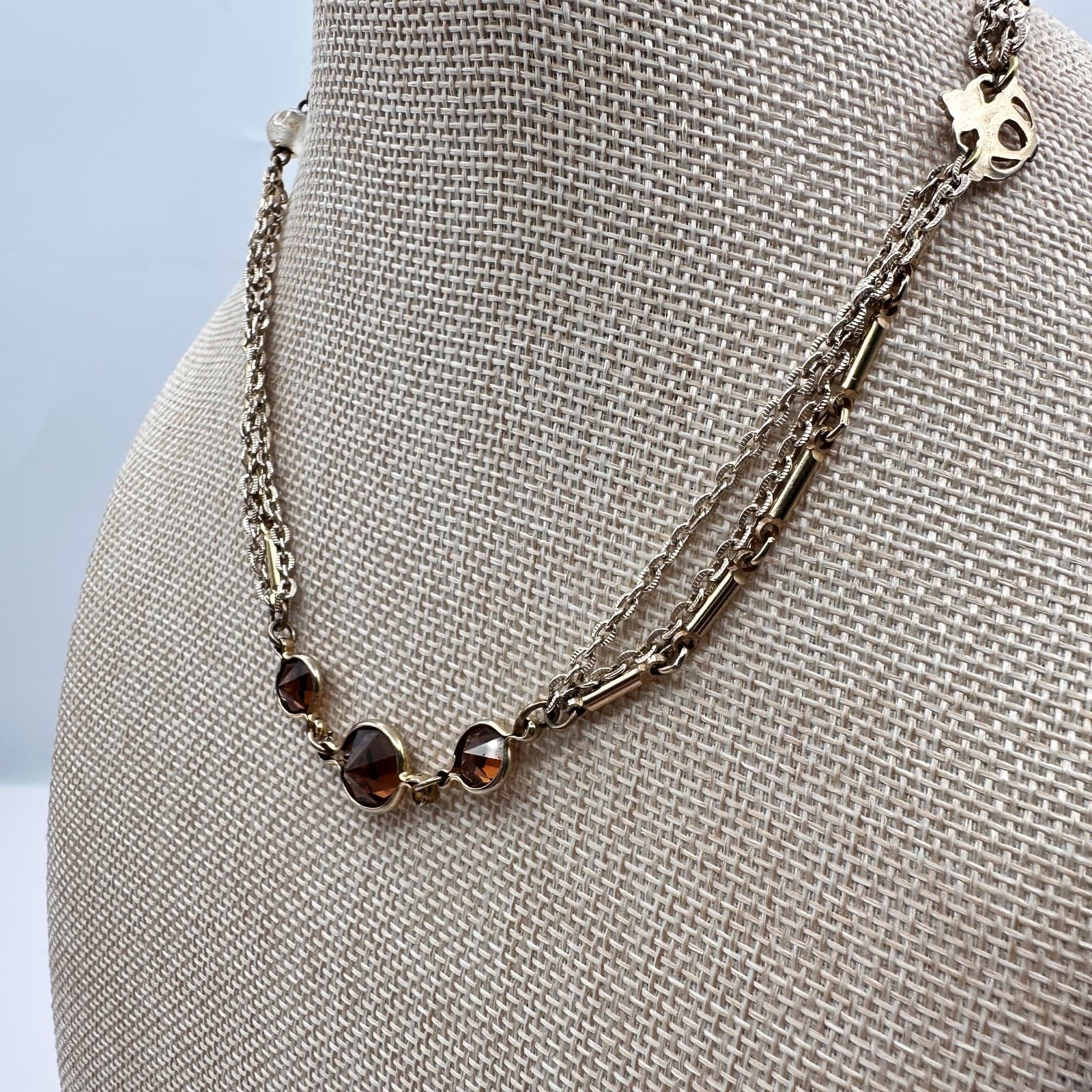 Vintage 80s Gold Tone Multi-Strand Necklace Brown Glass Boho Fashion Jewelry - Thumbnail 6