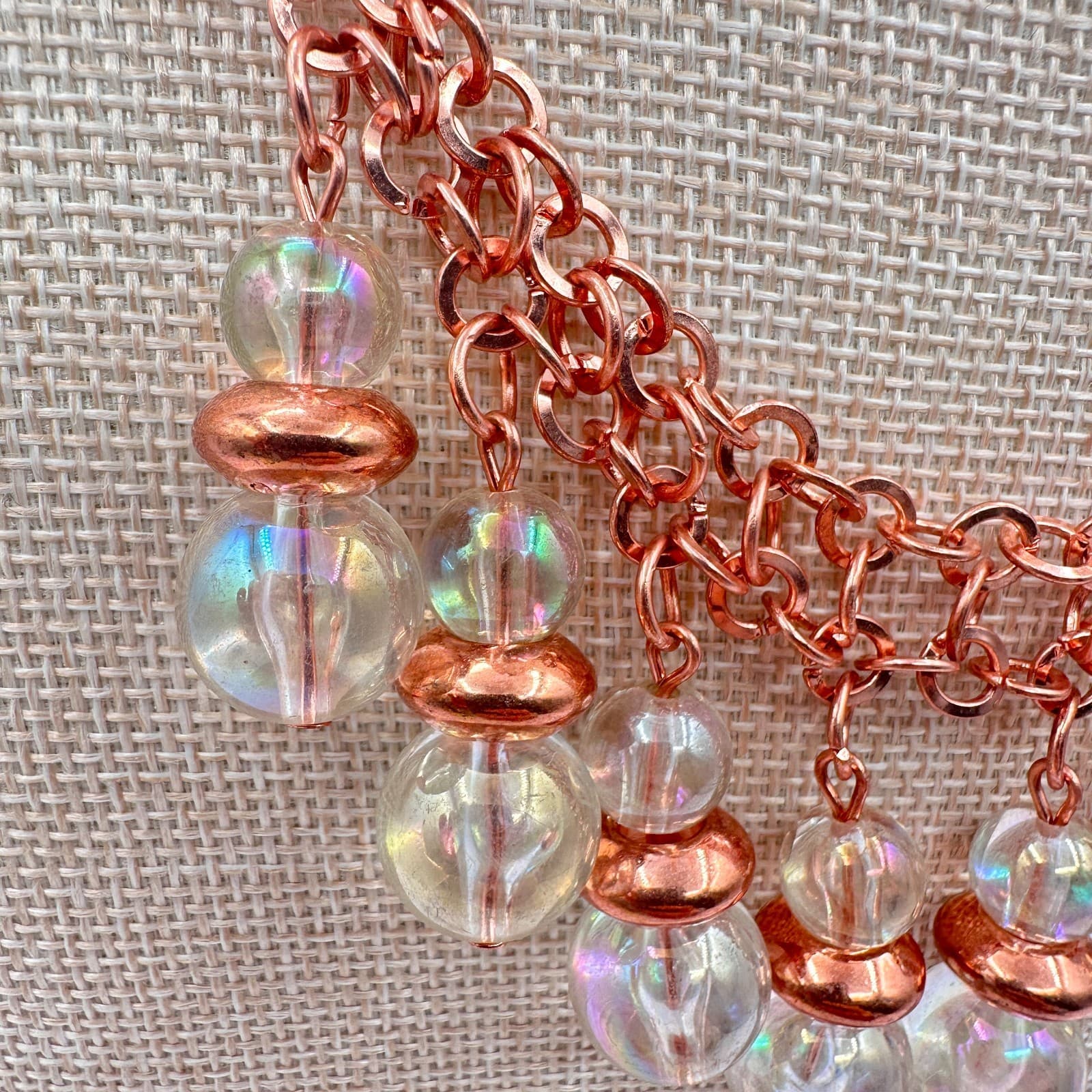 Vintage 90s Rose Gold Tone Glass Orb Statement Fringe Necklace Boho Jewelry - Thumbnail 5