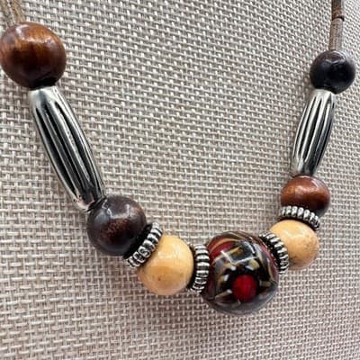 Vintage Y2K Silver Tone Wooden Beaded Necklace Boho Women's Classic Jewelry - Thumbnail 4