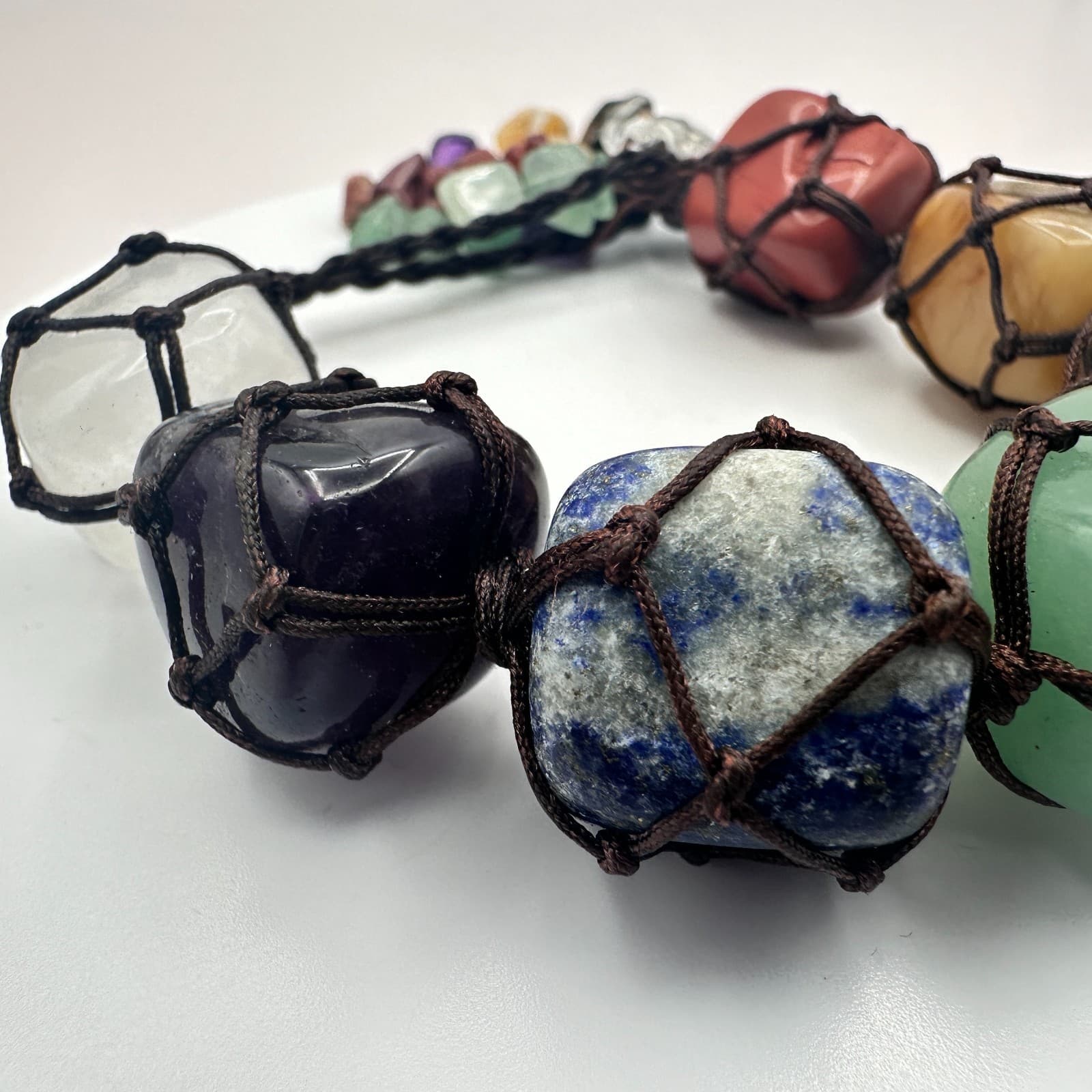 Vintage Y2K Chakra Macrame Healing Bracelet Natural Tumbled Stone Boho Jewelry - Thumbnail 4