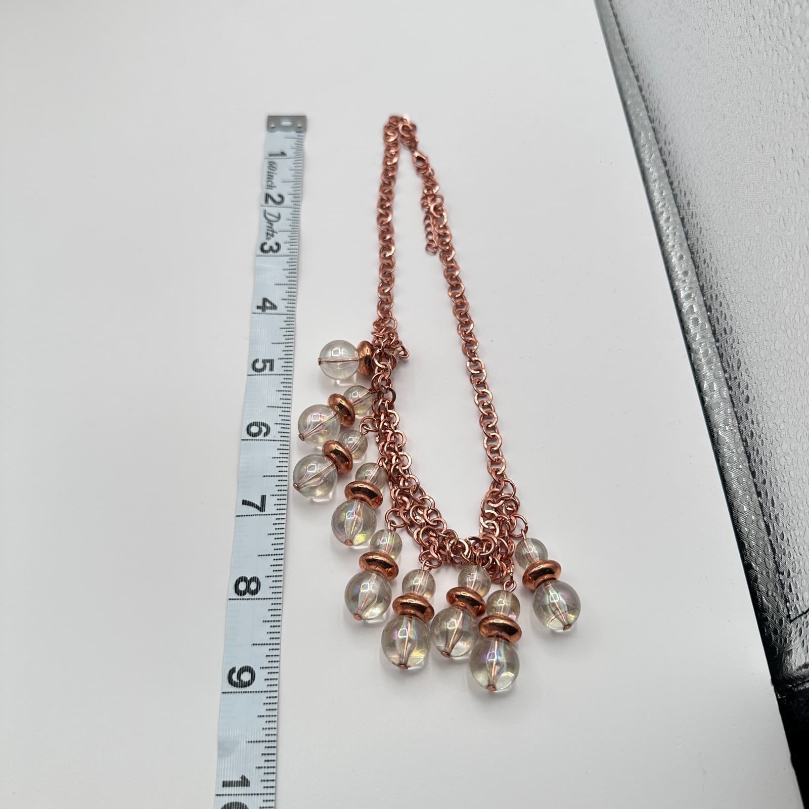 Vintage 90s Rose Gold Tone Glass Orb Statement Fringe Necklace Boho Jewelry - Thumbnail 9