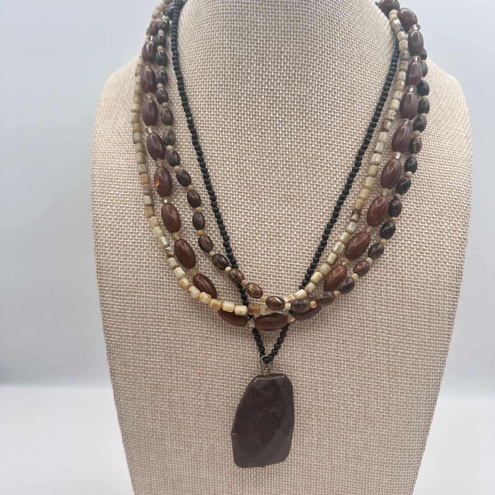 Vintage 80s Multi-Strand Earth Tone Beaded Layered Necklace Faux Stone Jewelry - Thumbnail 3